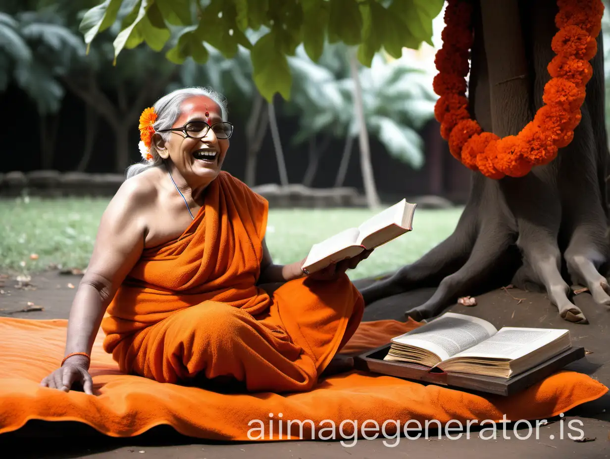 Elderly-Hindu-Woman-Monk-with-Holy-Book-in-Ashram