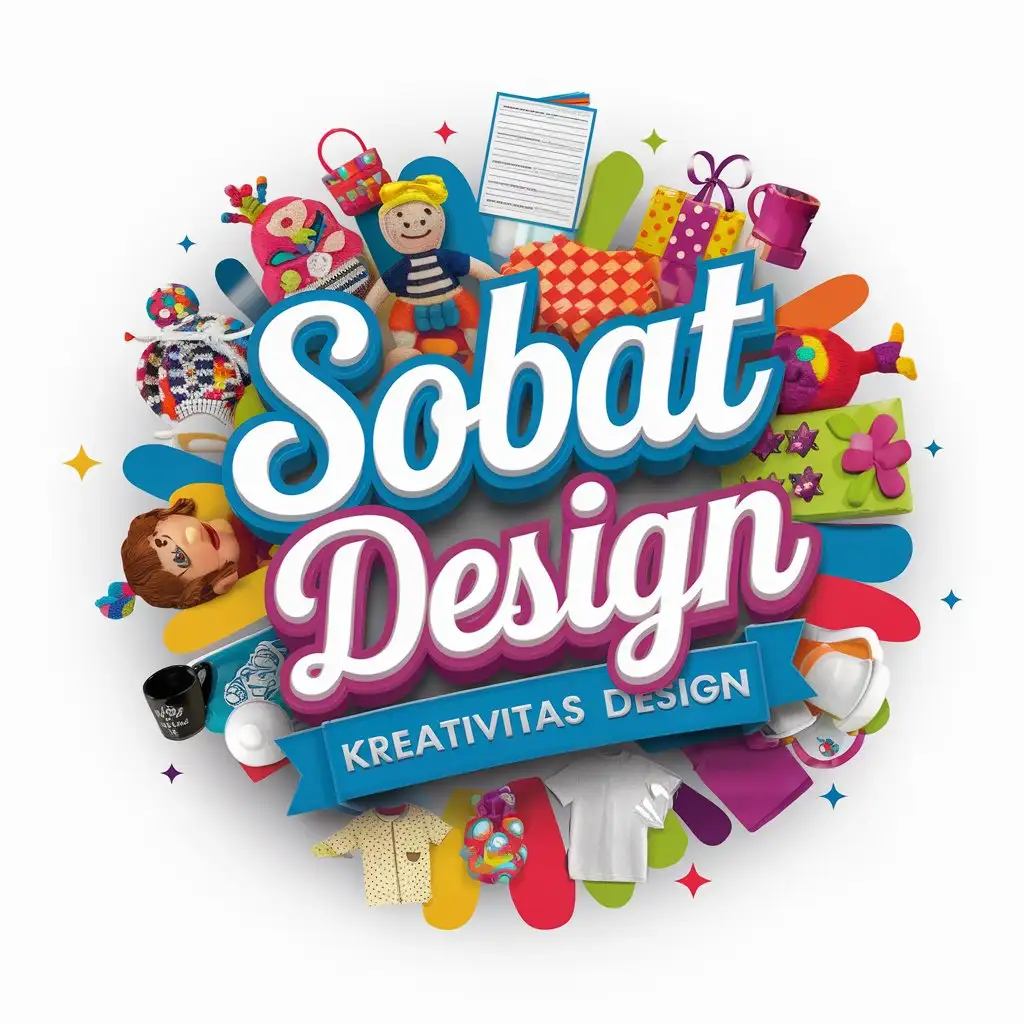 A colorful 4D rendering of the logo with the text SOBAT DESIGN in cursive. Below the main text is the text Kreativitas Design. Around the text are various objects such as dolls, toys, mugs, papers, gifts, and t-shirts. The background is white. The overall logo has a cheerful and colorful design