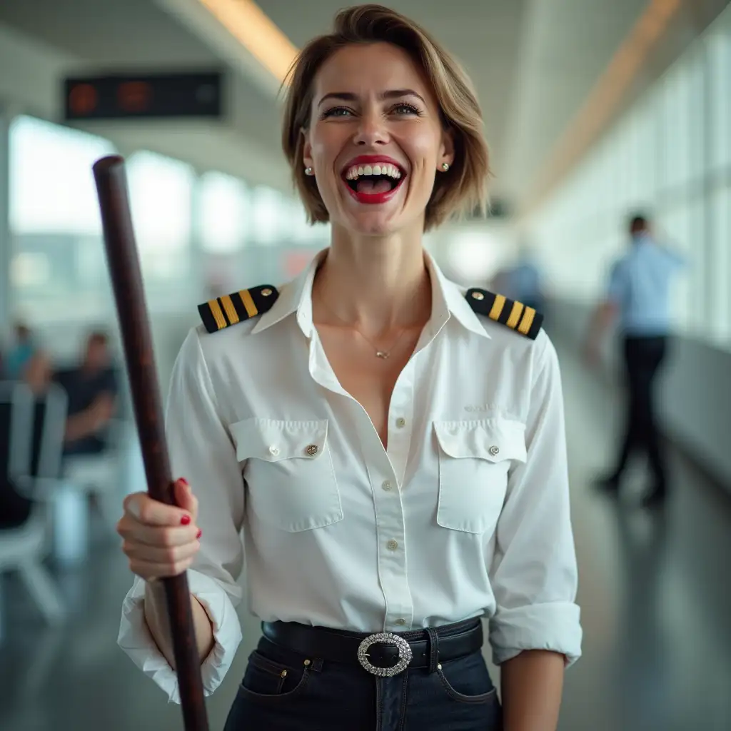 norvegian screaming pilot lady , in white deep-necked airport security shirt, laughing with her mouth open, red lipstick accentuating her smile,belt on waist, big wide hips, chest are fully grown, jewerly, short hair, HD, holds long riding crop, photo-realism, enjoing on airport