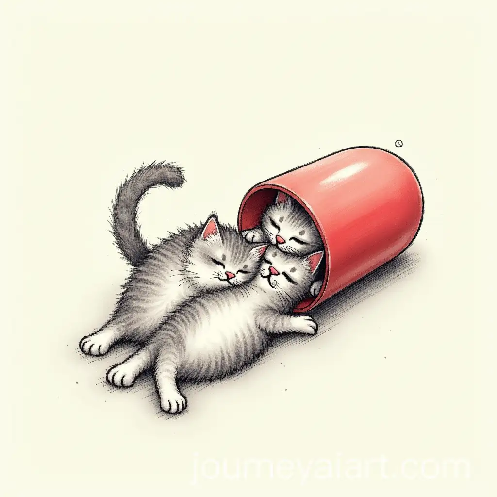Funny-Cats-Falling-from-a-Capsule-Tablet-in-Tattoo-Sketch-Style