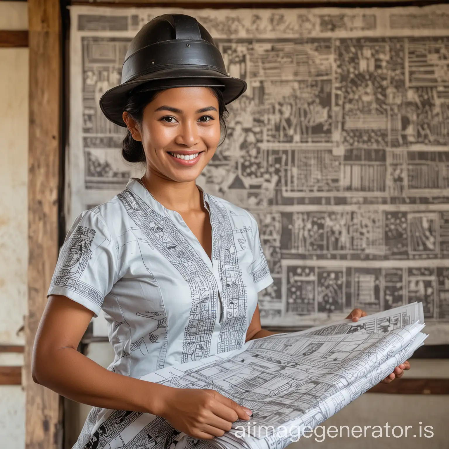 Photograph of a smiling Balinese woman in traditional dress and black hard worker helm, holding blueprints with architectural drawings in the background.