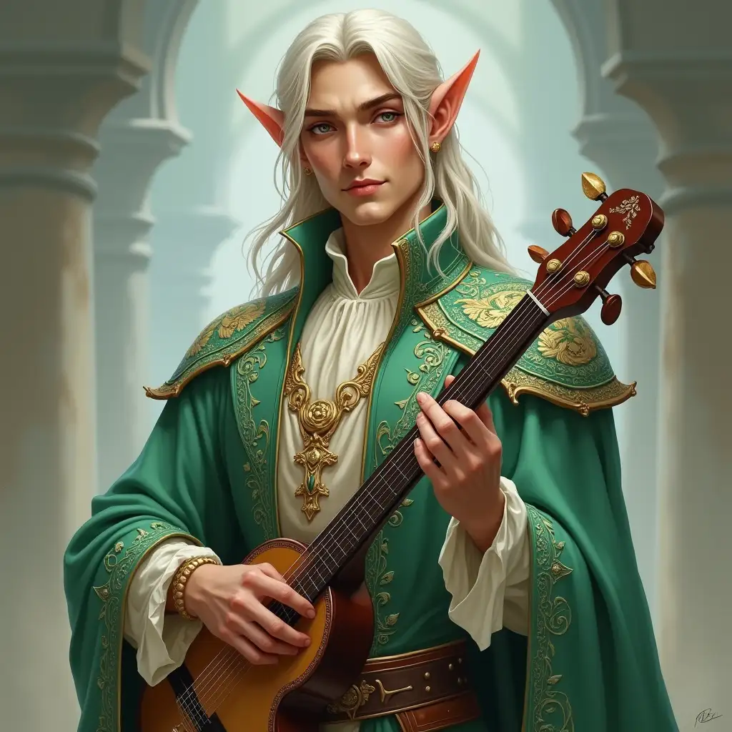 a devilishly handsome male half elf, with stunning features and refined elegance, crystalline eyes and a friendly demeanor, very fit, wearing a doublet of seafoam green and cream filigree, holding a lute