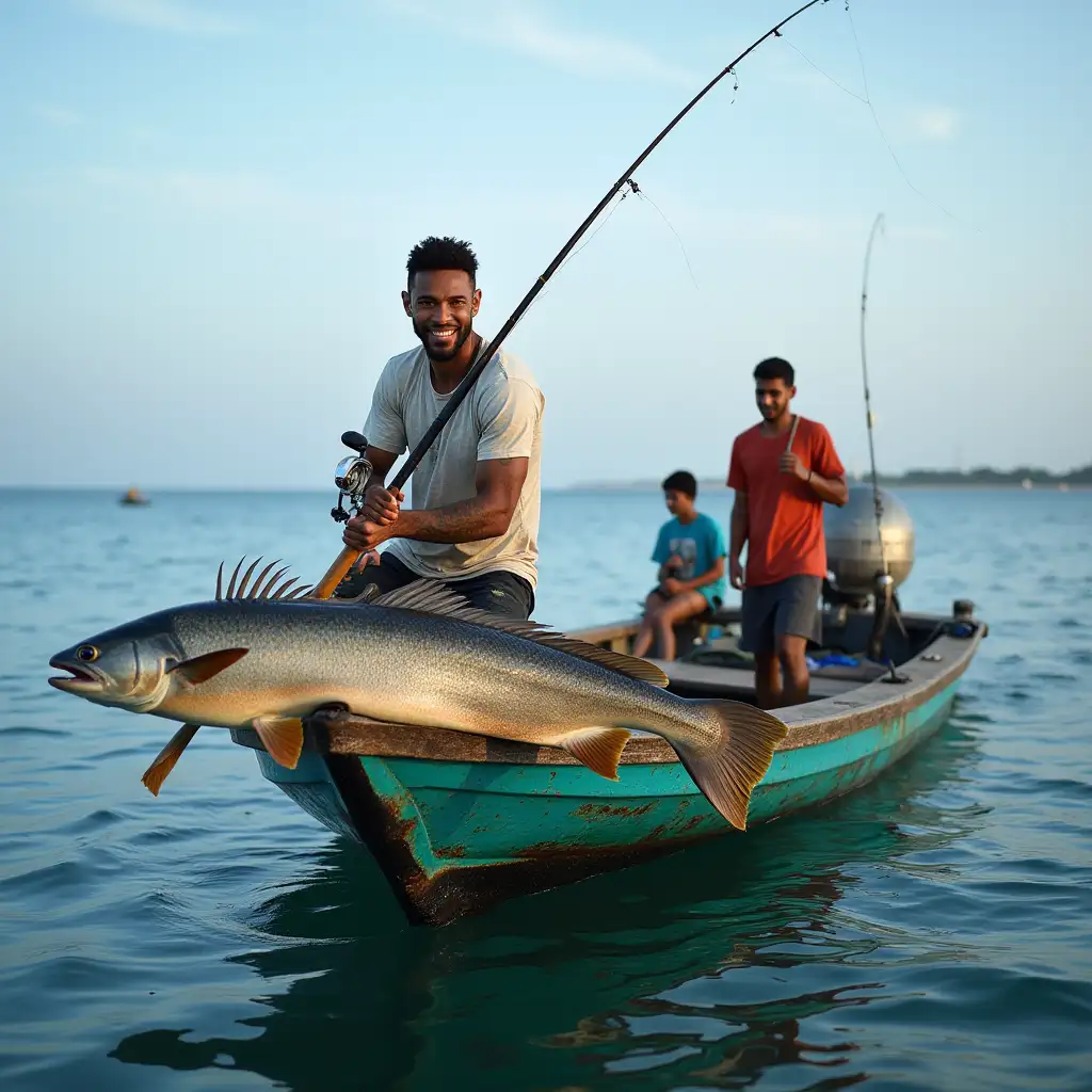 Brazil's Neymar fishing with fishermen on a boat