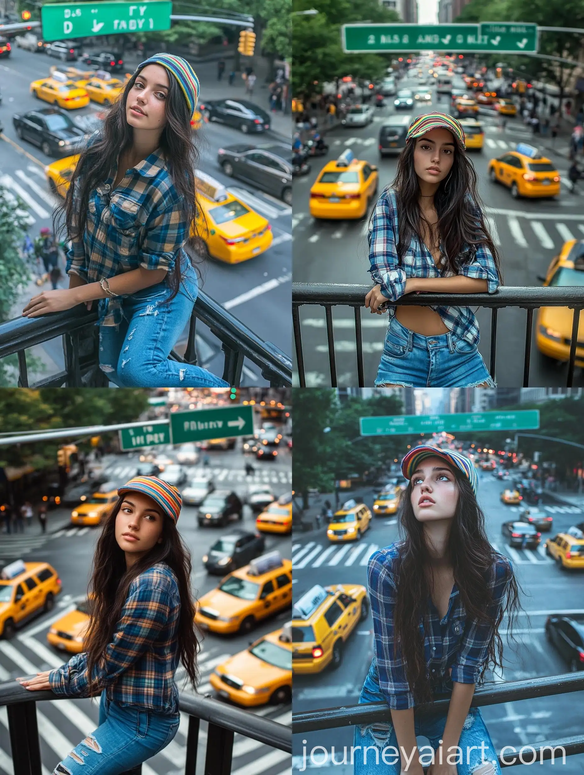 Bustling-Urban-Scene-with-Young-Woman-in-Blue-Plaid-Shirt-and-Striped-Cap