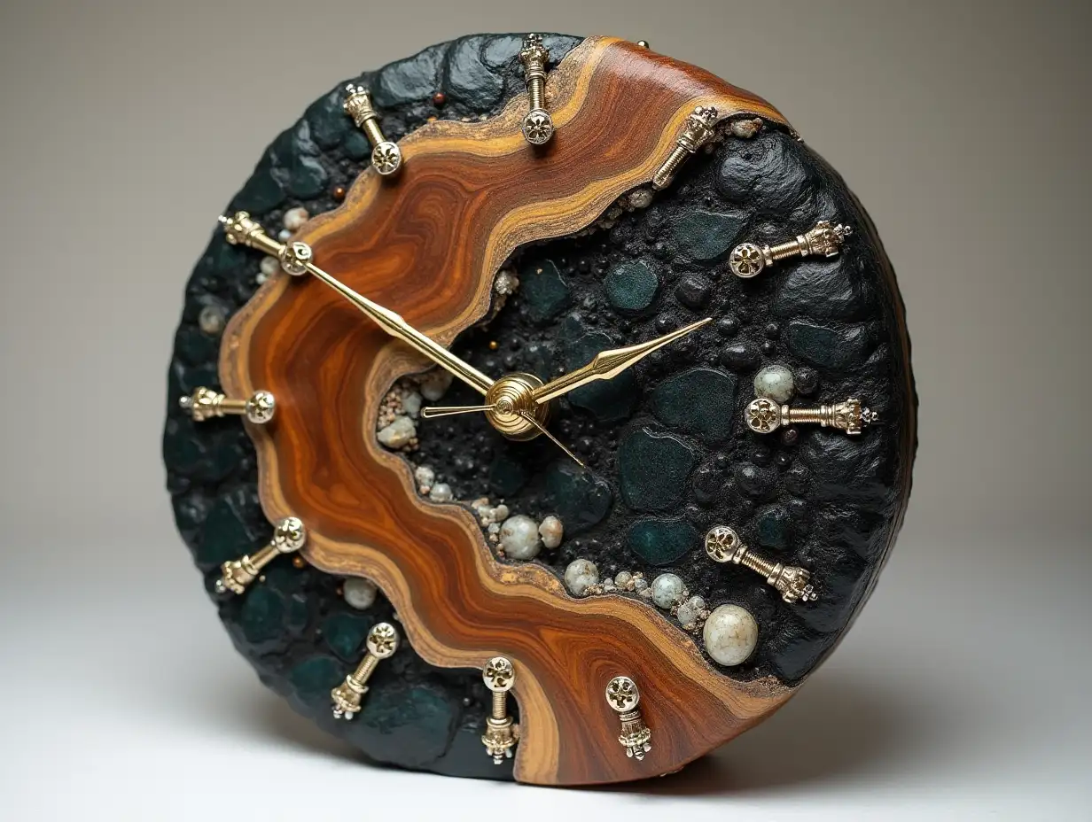 Clock made of resin mixed with wood, stones muten, silver screws black, gold