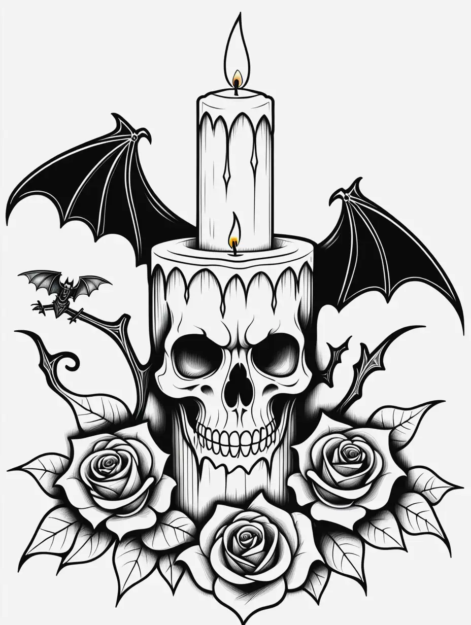 Spooky Halloween Coloring Page Bat Candle Skull Rose Design