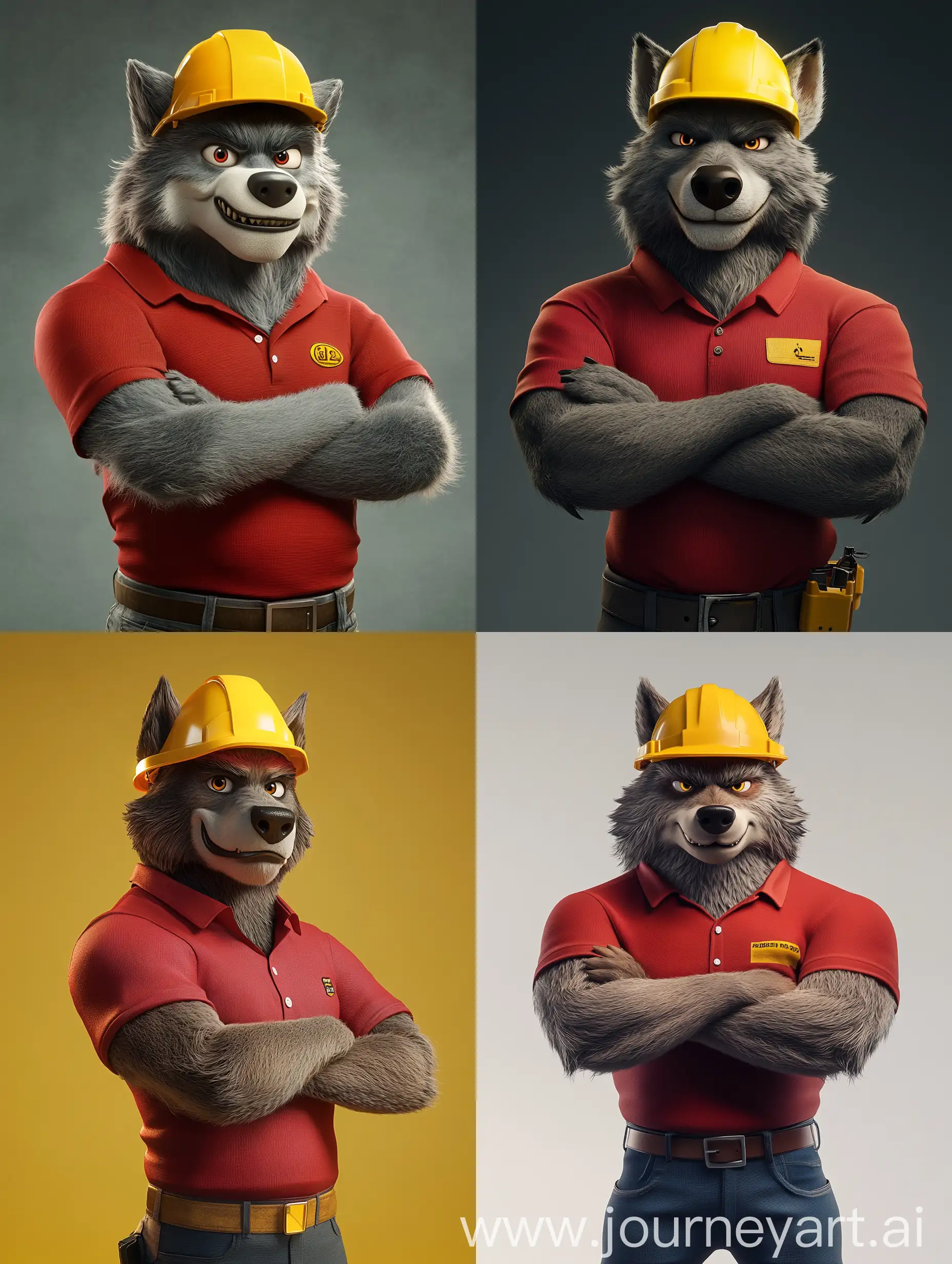 Friendly-Yet-Terrifying-Cartoonish-Wolf-Man-in-Red-Polo-Shirt-and-Yellow-Safety-Helmet