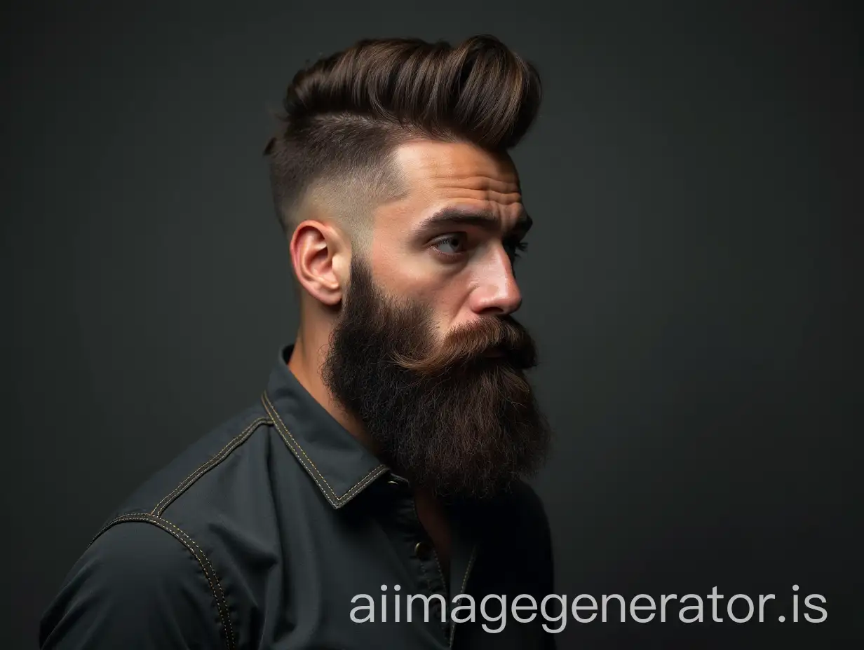 A brutal man with a beautiful beard and a fashionable haircut