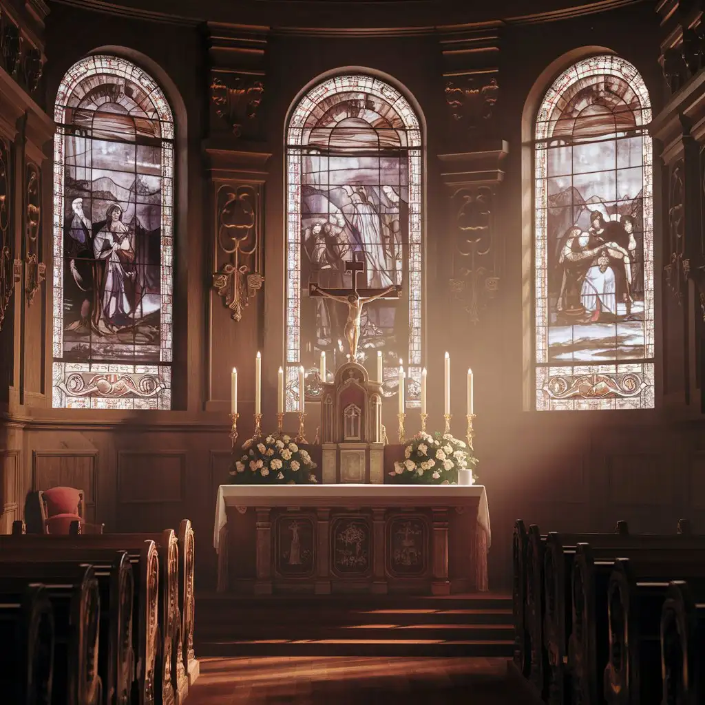 Serene-Church-Interior-with-Sunlight-Streaming-Through-Stained-Glass