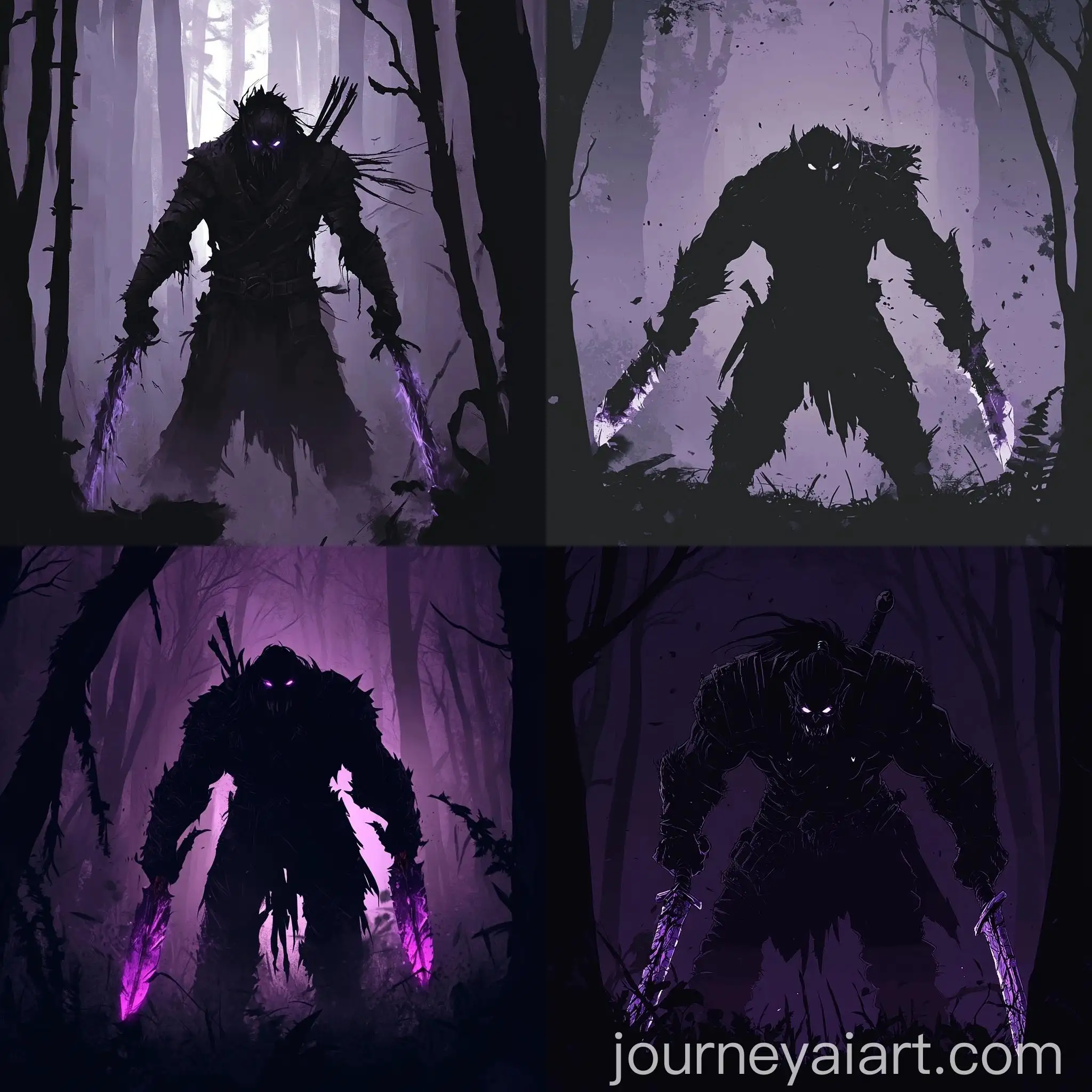 Sinister-Orc-Silhouette-with-Glowing-Eyes-and-Dark-Daggers-in-Forest