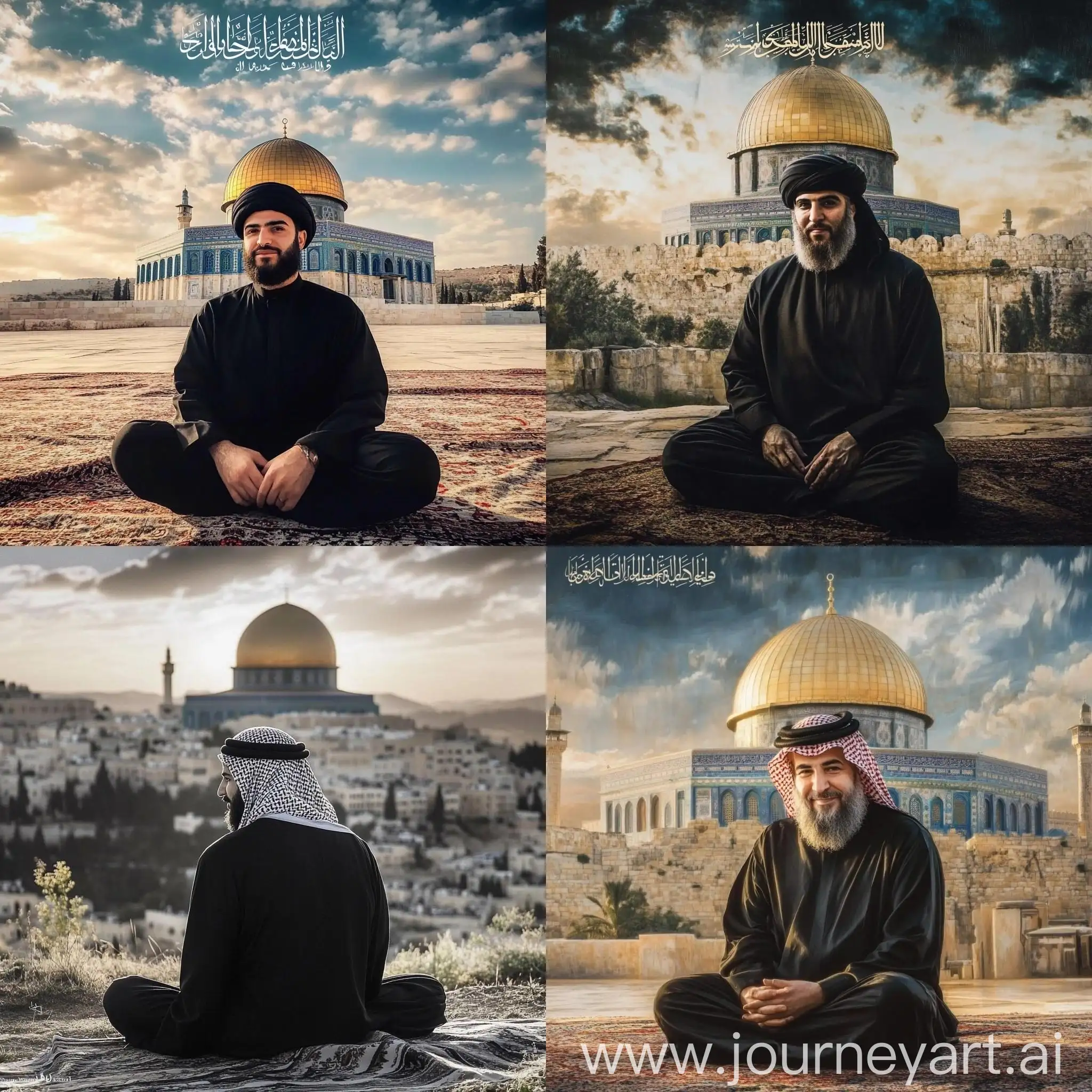 Man-in-Black-Abaya-Standing-and-Sitting-in-Front-of-Dome-of-the-Rock-Palestine