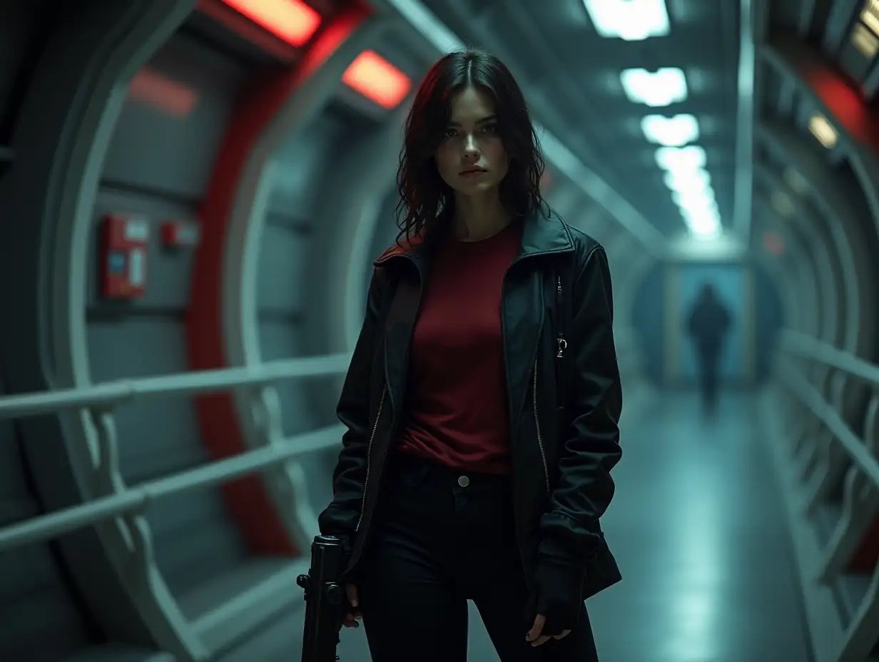 Young-Woman-in-SciFi-Corridor-with-Gun-in-Hand