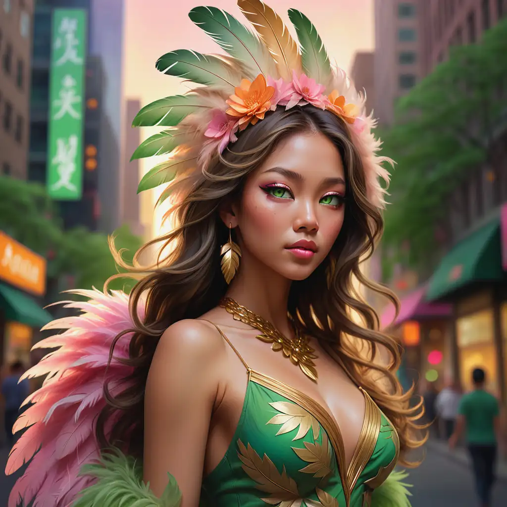 Young-Woman-in-Feathered-Headdress-with-Floral-Accents-in-Vibrant-Asian-City-Scene