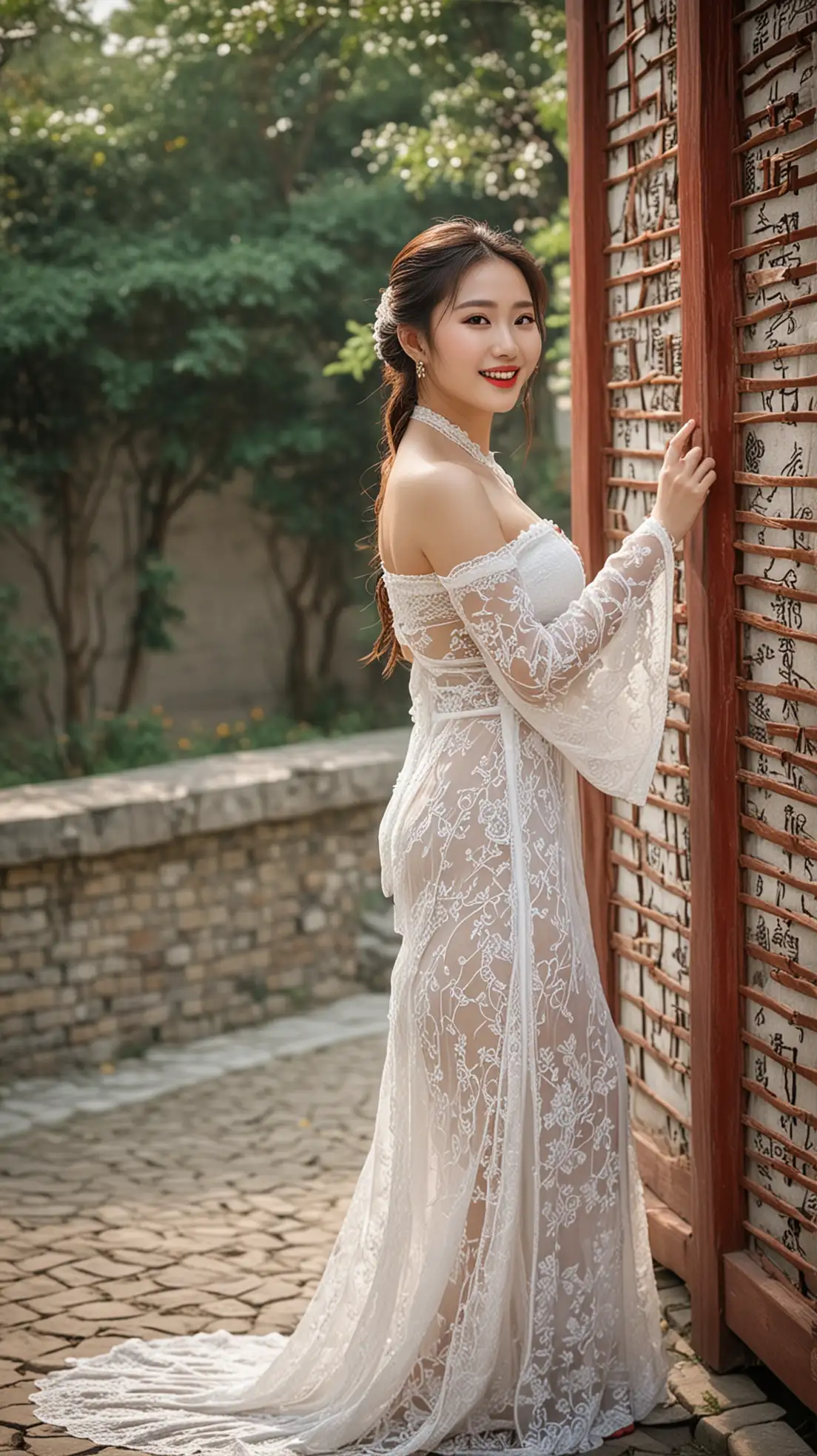 ((Masterpiece, excellent quality, edgQuality)),(smiling:0.85),1 chinese girl posing for a full-length photo, edgbodyl, realistic, with white lace tight dress,(full-length portrait, focus on the breast)China,hairs with modern Hanfu style, red lips, outdoor <lora:edgBodyLingerie1:0.8>