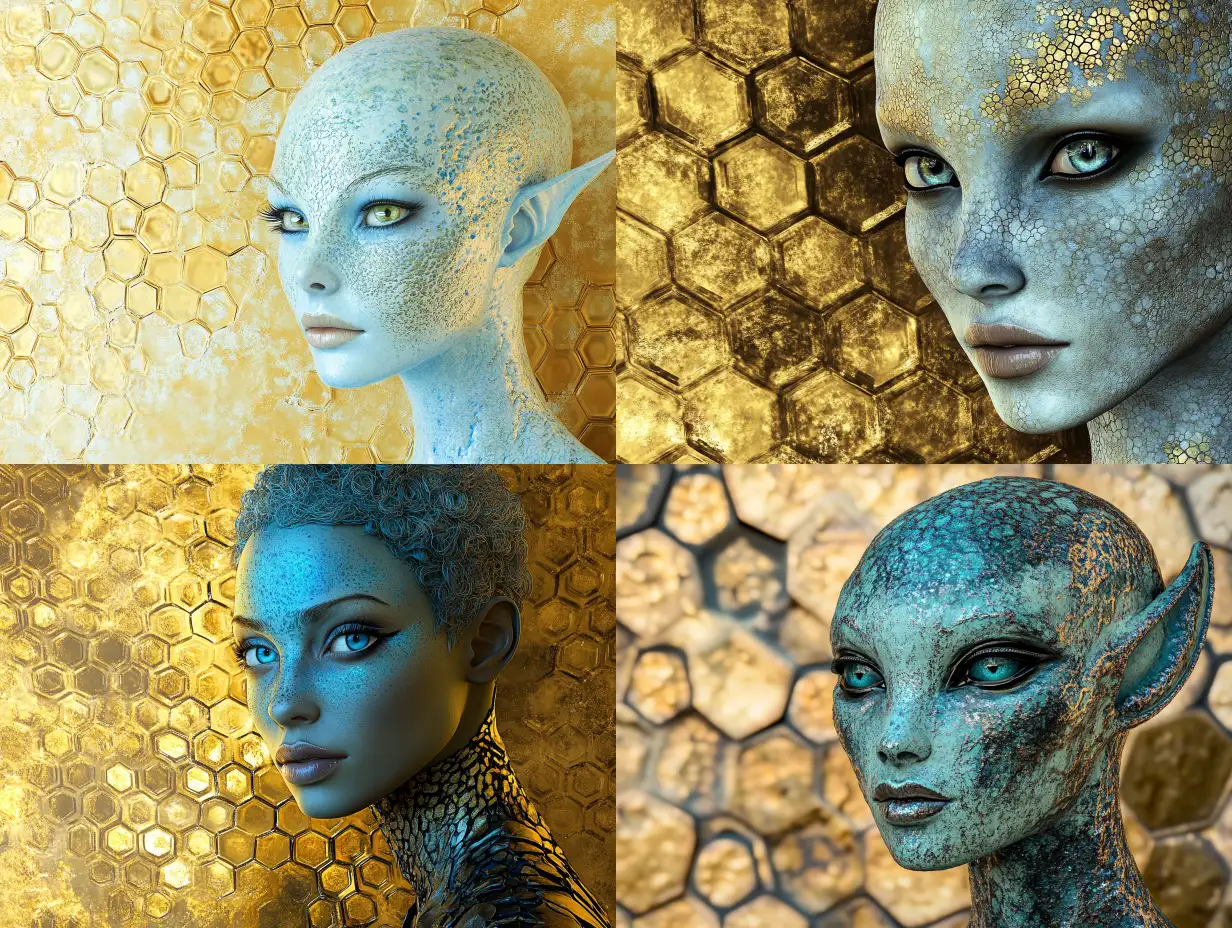 Alien-Woman-with-Light-Blue-Skin-and-Shimmering-Gold-Honeycomb-Wall