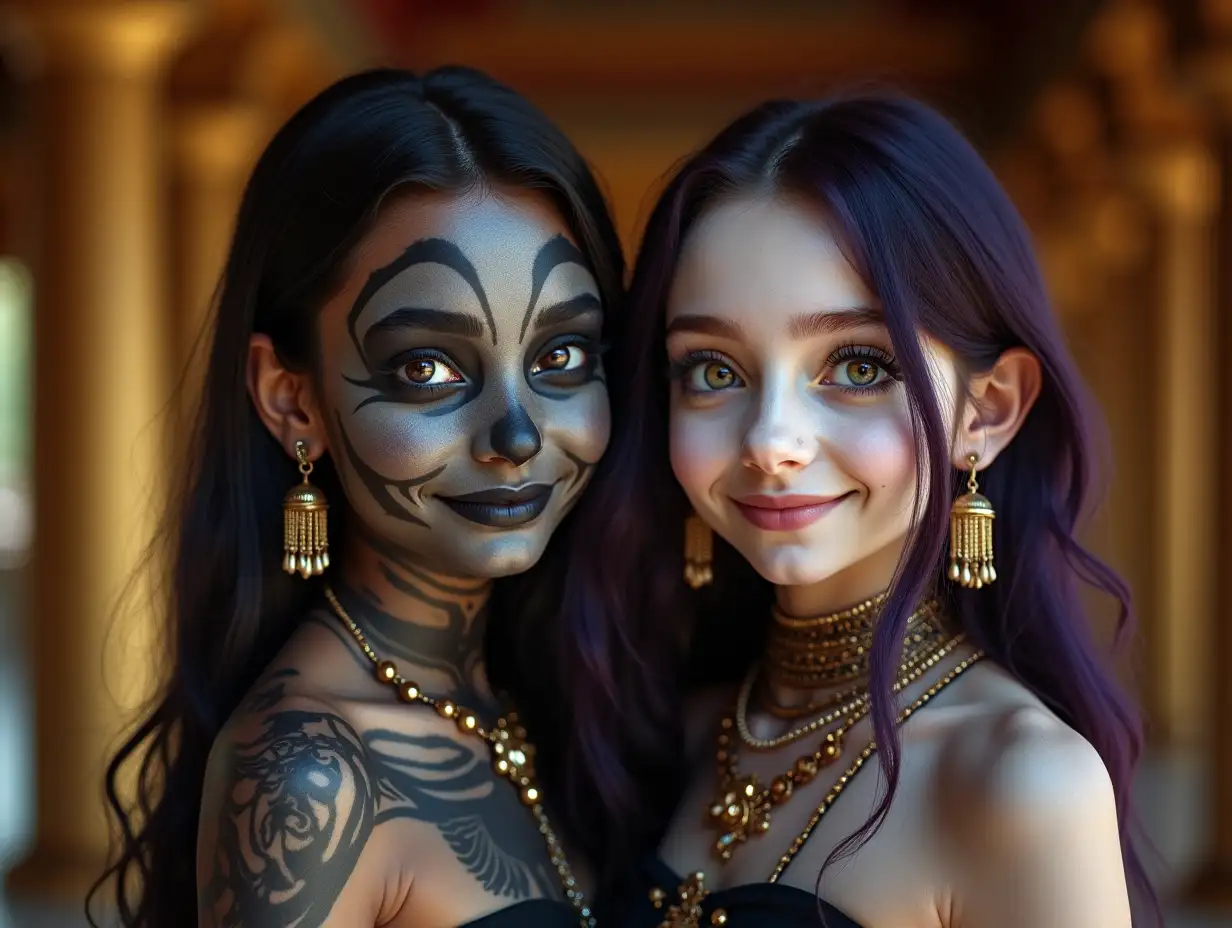 Two young girls with black and white pattern, alien face, purple hair, smiling, modern retro jewelry, in a temple with much gold of various shades 4k