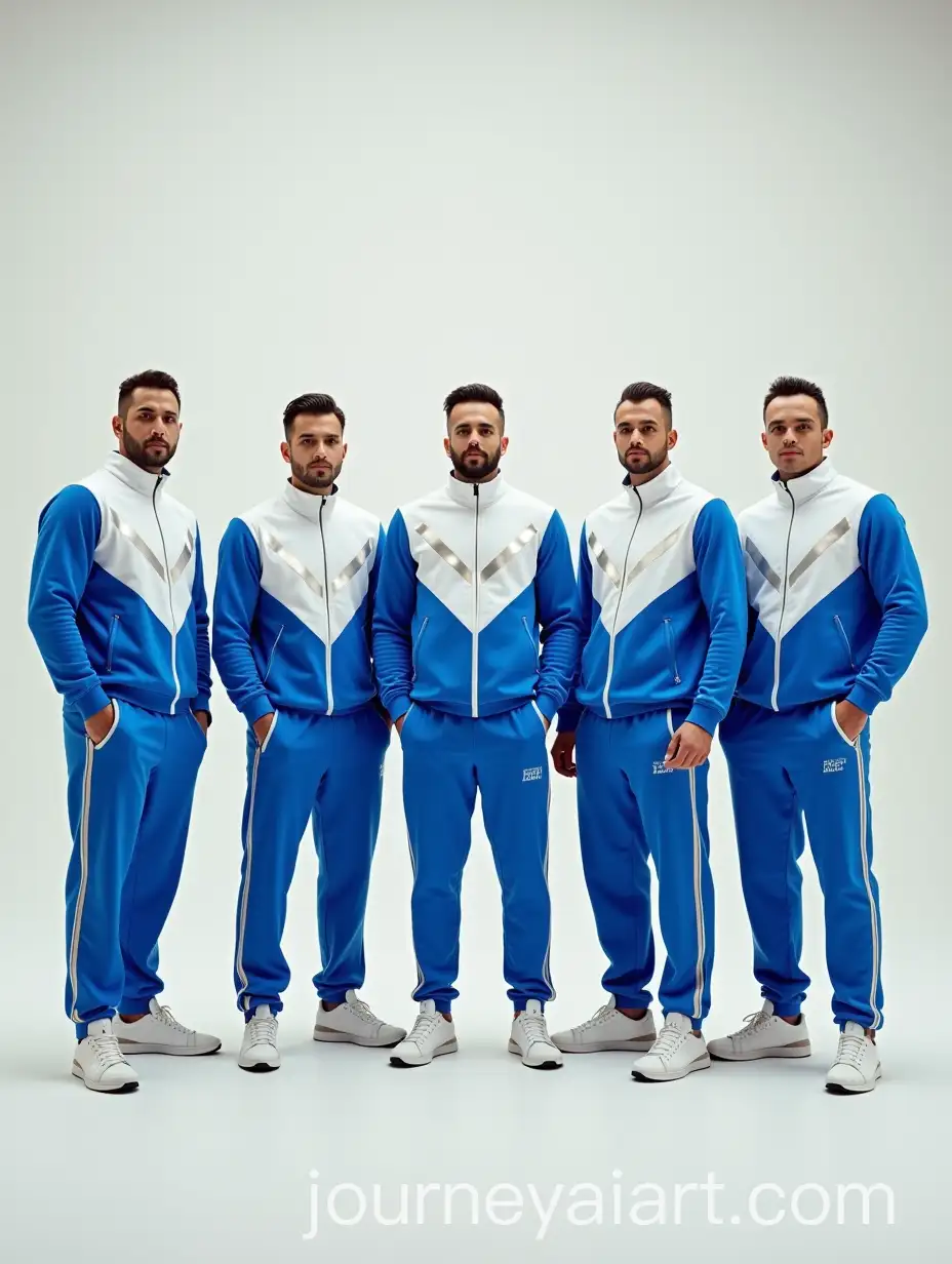 Group-of-Five-Men-in-Matching-White-and-Blue-Athletic-Tracksuits-with-Silver-Accents