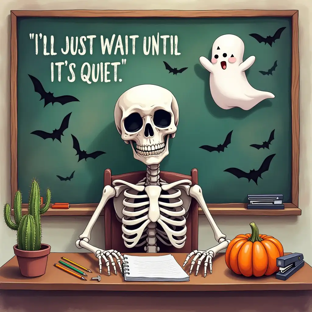 Vector. A skeleton sitting at a teacher's desk, surrounded by Halloween decorations. A ghost hovers above the chalkboard, and a pumpkin sits on the desk. Bats fly around the room, and there is a stapler, pencils, and a cactus on the desk. fun horror classroom background. the text 'I'LL JUST WAIT UNTIL IT'S QUIET.' written above the chalkboard. Watercolor.