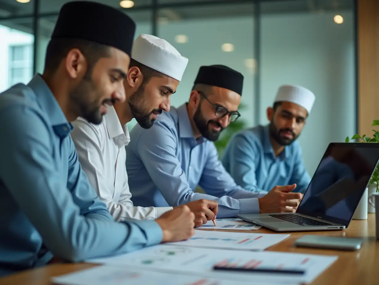 Islamic, teamwork and business people in office with laptop, planning and meeting for oil project. Arabic company, mentor and muslim employees with tech for search, industry trends or market analysis