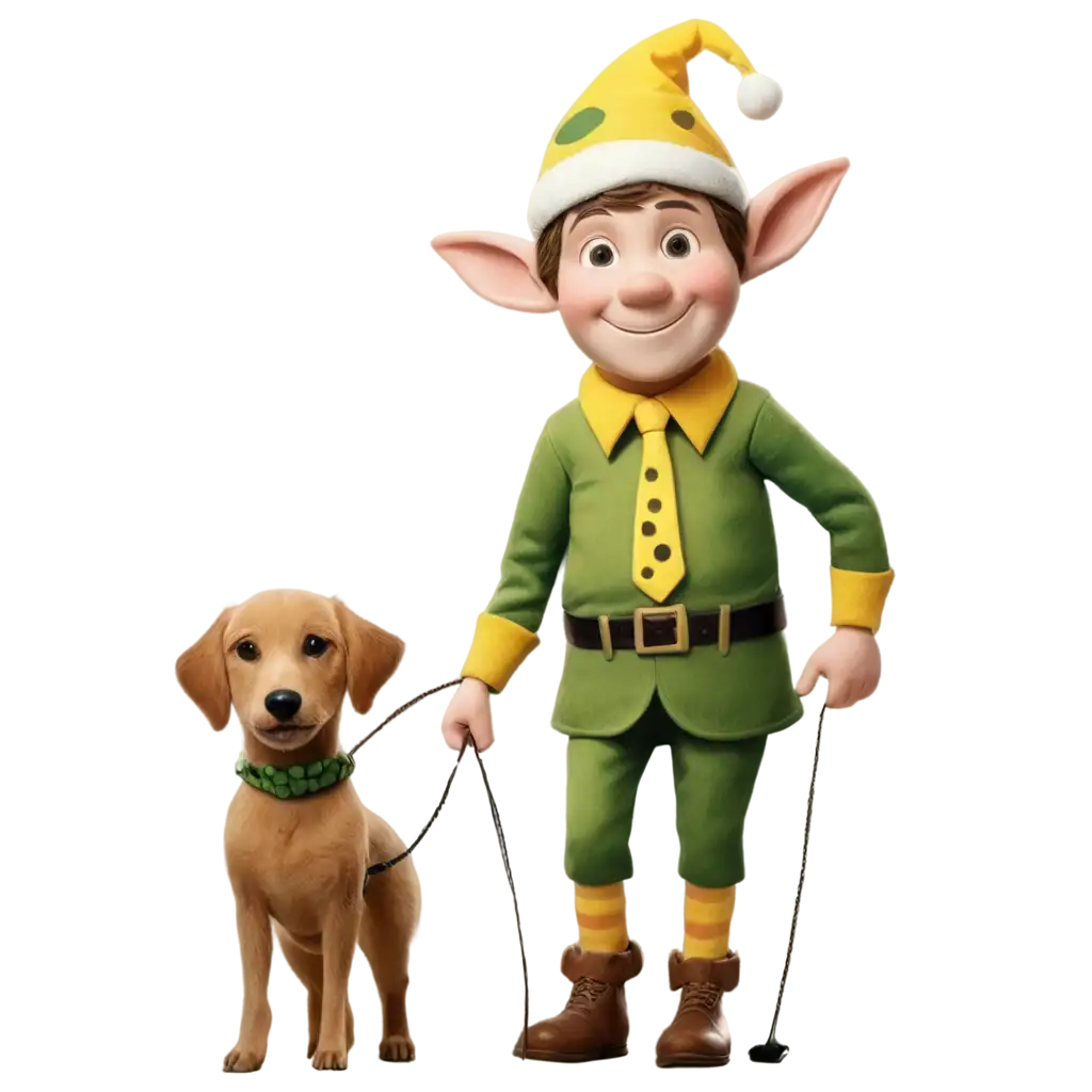 Christmas-Elf-with-Yellow-Hat-and-Polka-Dot-Tie-PNG-Image-Featuring-Dog-on-Leash-HighQuality-Image-for-Holiday-Designs