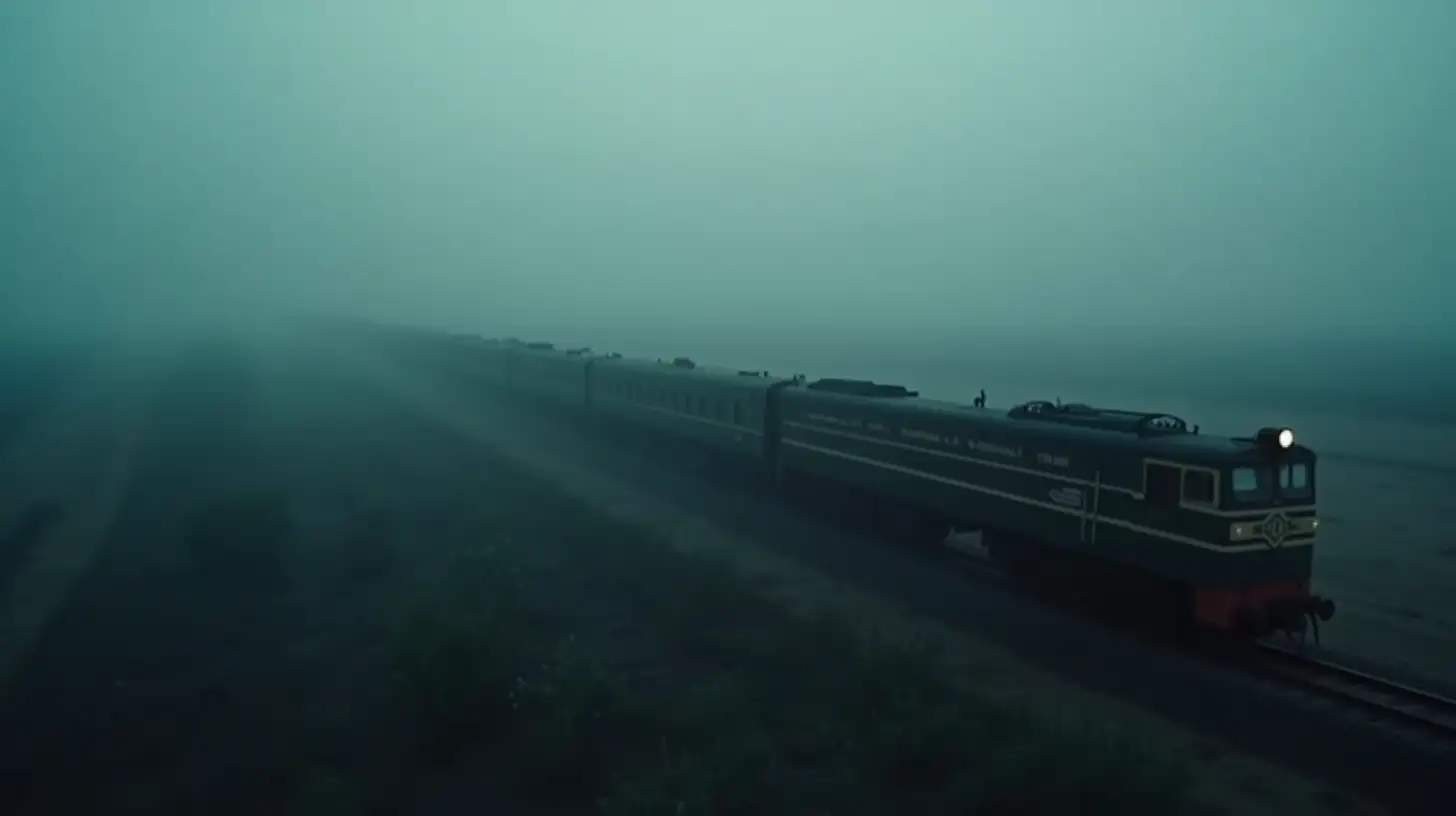 drone shot surreal, high angle, cold, film noir-style cinematic shot of the Samjhauta Express passing from left to right in a misty, desolate Indian landscape.