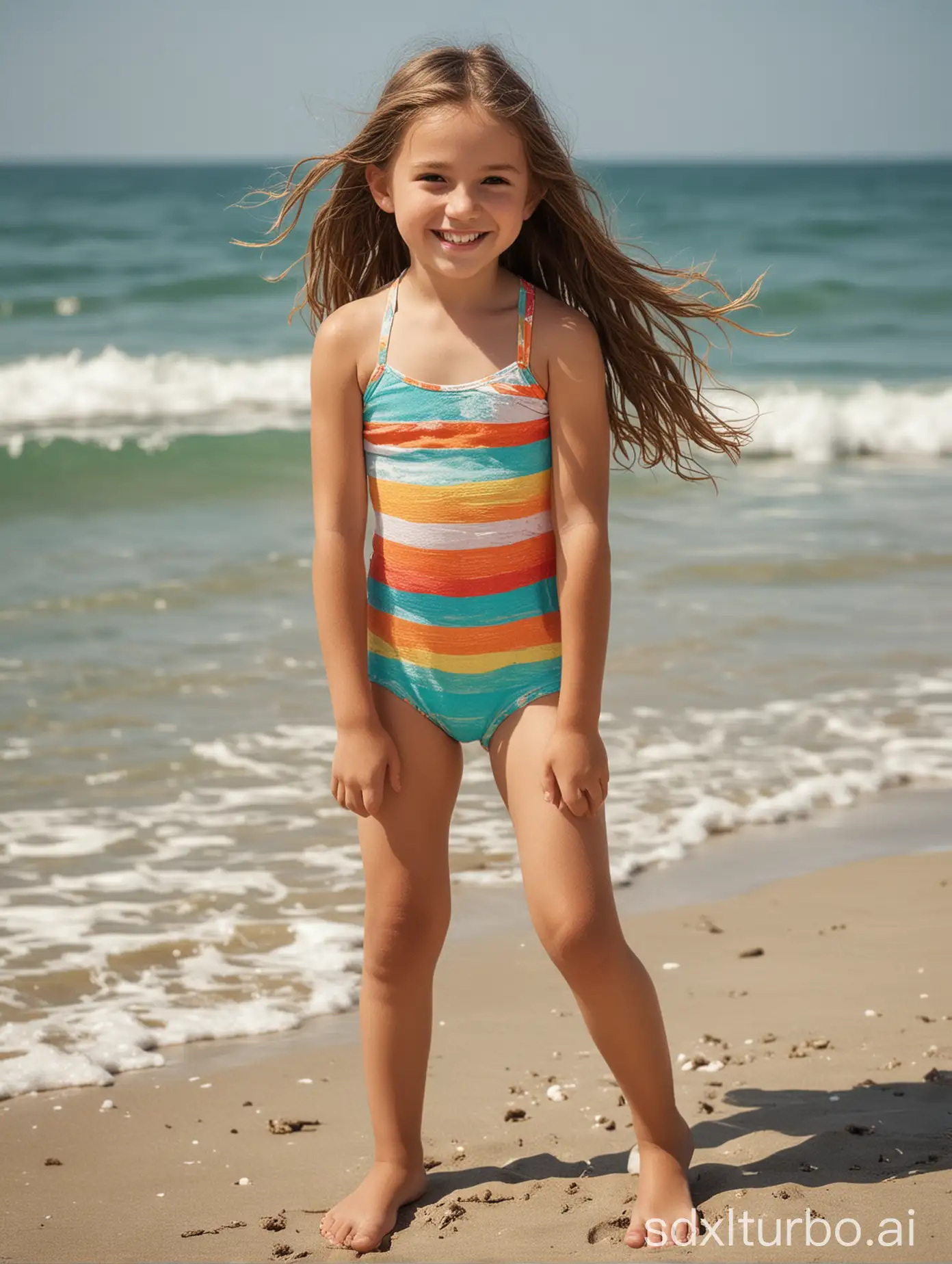 Subject: The main subject of the image is a 9-year-old girl.nSetting: The setting is a beach, indicated by the mention of sand and water.nBackground: The background could feature a sunny beach with waves gently crashing onto the shore, enhancing the summery vibe.nStyle/Coloring: The style could be vibrant and colorful, with bright hues to capture the lively atmosphere of a beach day.nAction: The girl is smiling, indicating joy and contentment. She might be posing confidently to showcase her muscular abs, suggesting pride or confidence.nItems: The girl is wearing a tiny swimsuit, emphasizing her physique.nCostume/Appearance: The girl has long hair and wears a swimsuit, typical attire for a beach day.nAccessories: Accessories might include sunglasses, sunscreen, or a beach towel nearby, adding realism to the beach setting.
