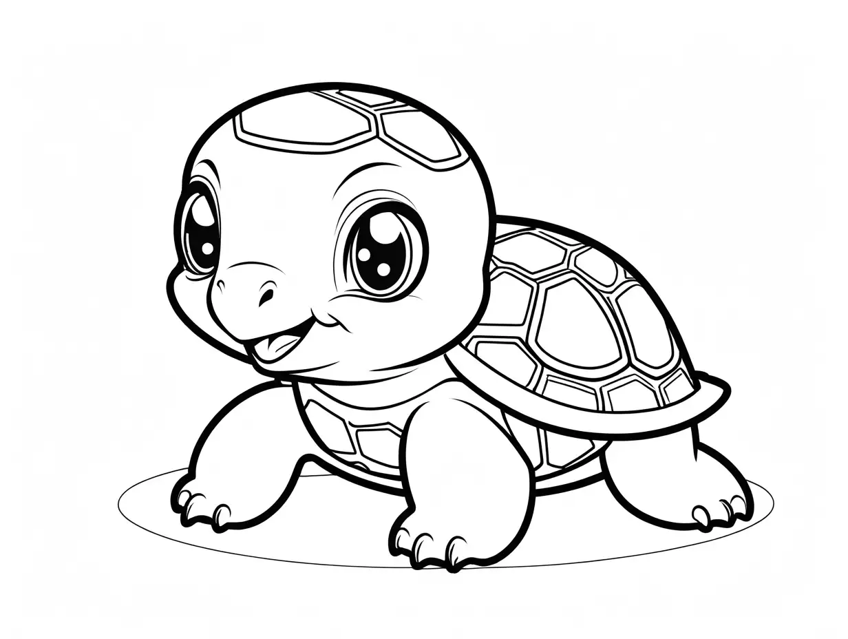 a chibi style of a cute little turtle in white background, Coloring Page, black and white, line art, white background, Simplicity, Ample White Space. The background of the coloring page is plain white to make it easy for young children to color within the lines. The outlines of all the subjects are easy to distinguish, making it simple for kids to color without too much difficulty