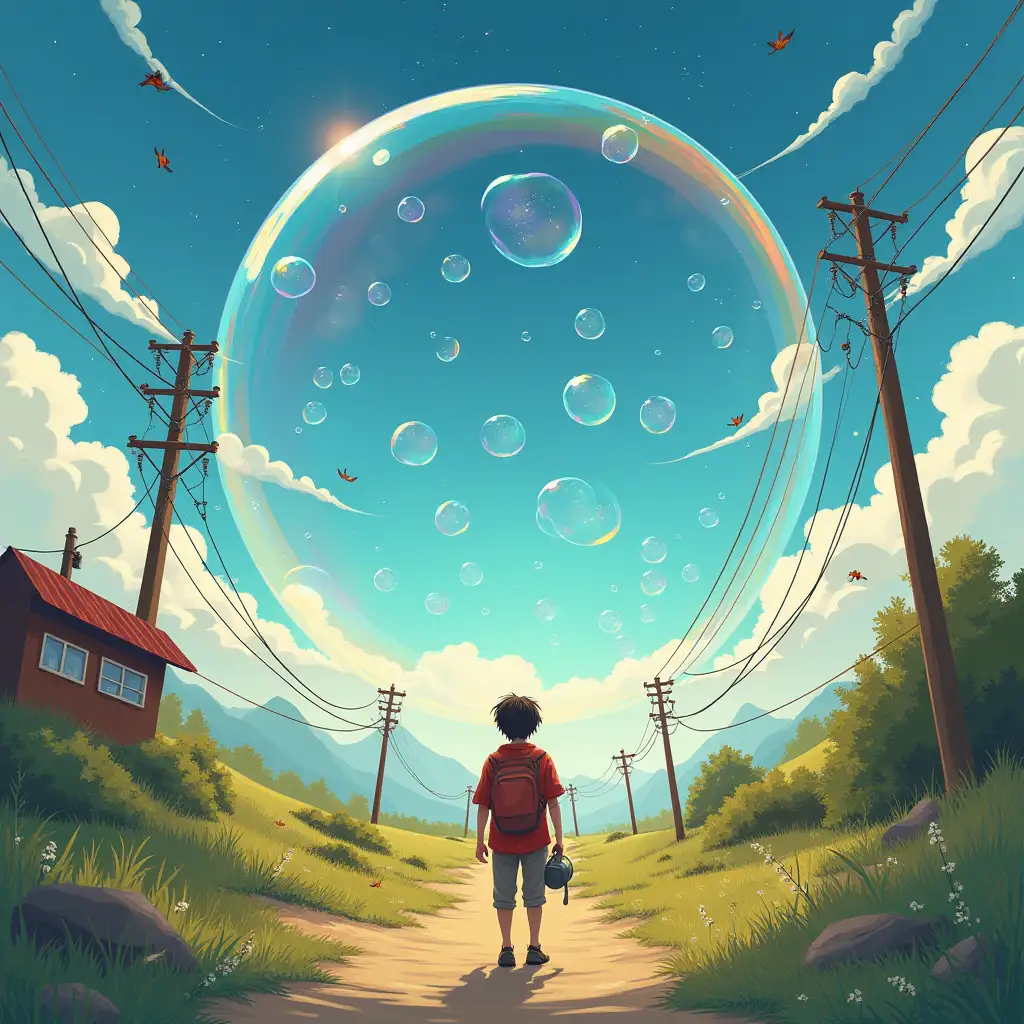 Illustration for the story: Awakening and Realization • The hero wakes up and does not immediately understand where he is located n• He sees a substation and sparrows n• The road ends in a cliff and a dump n• Soap bubbles and realization n• The hero fills the watering can with water and feels how the water rejuvenates him n• He becomes a big soap bubble, reflecting rainbow light n• Soap bubbles burst, creating images of universes n• Freedom and inspiration n• The hero feels the wind playing with his hair n• He realizes that there is a whole Universe even in a small soap bubble n• He enjoys life in freedom, not striving for more