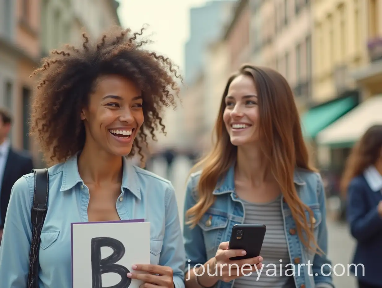 Emotional-Letter-B-Smiling-and-Chatting-with-Smartphone-While-Walking