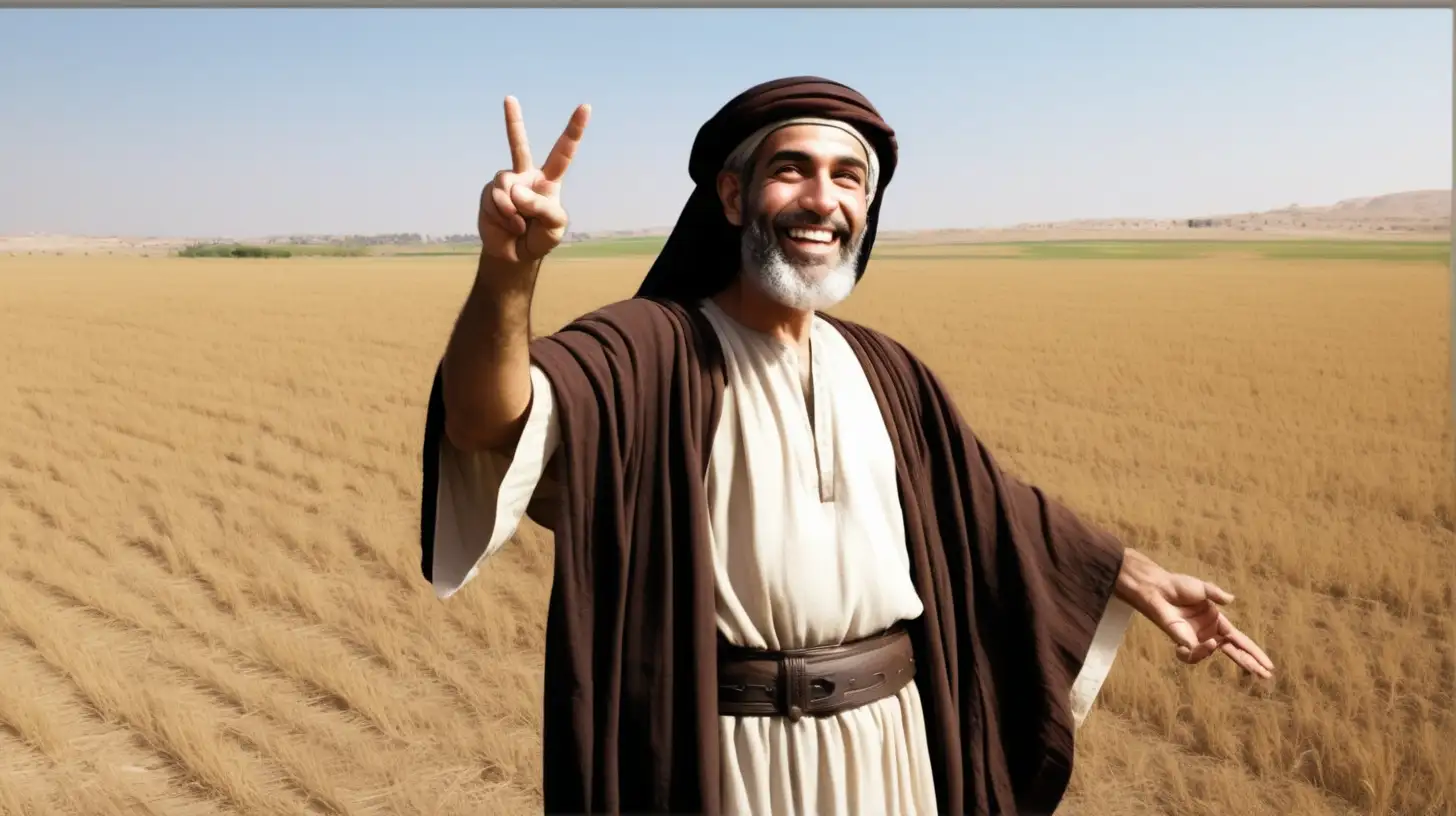 Smiling Hebrew Man in Biblical Era Gesturing in Summer Field