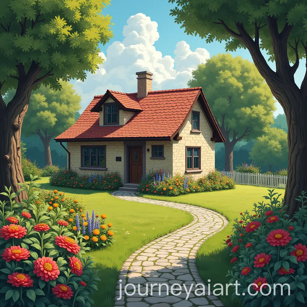 Charming-House-Surrounded-by-Colorful-Flowers-and-TreeLined-Pathway