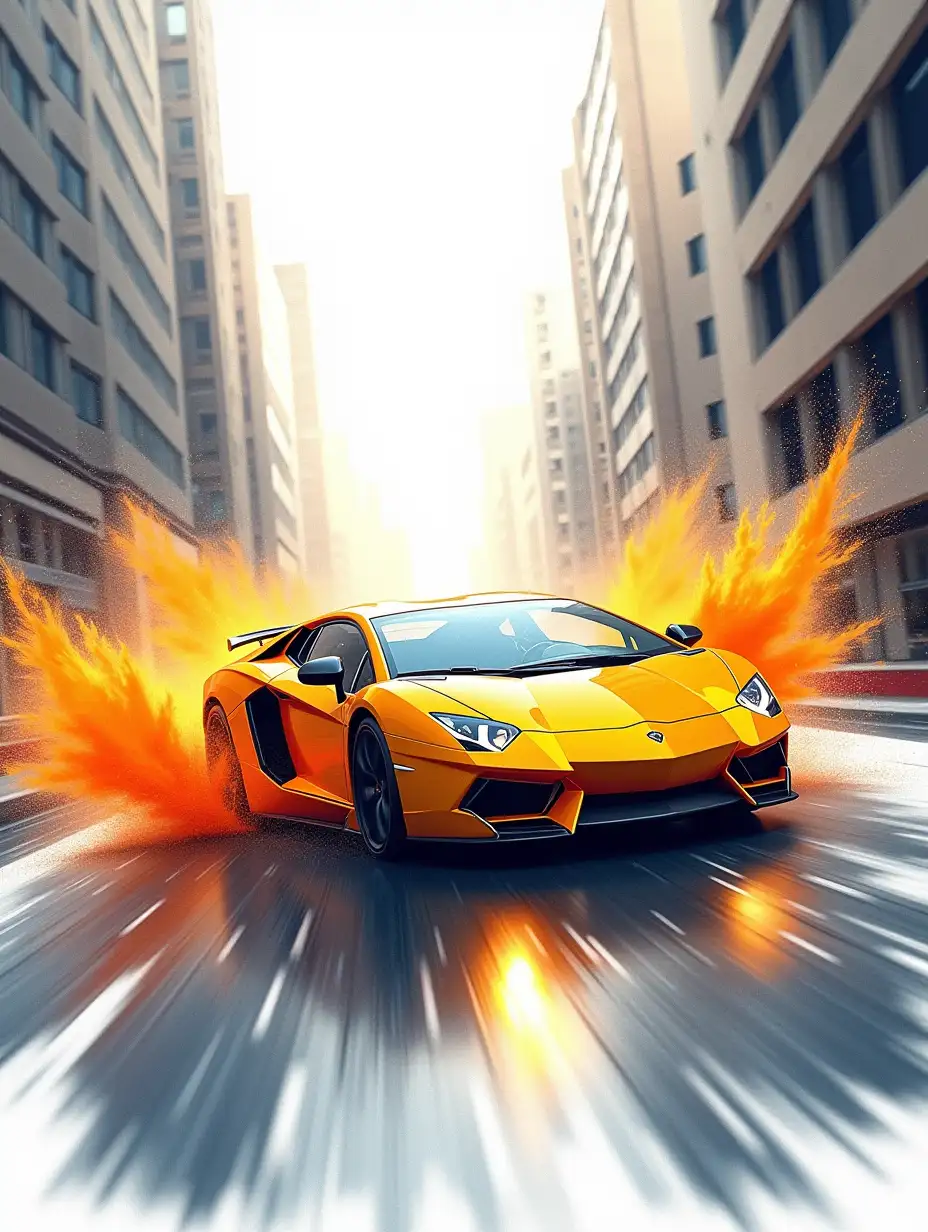 A cinematic scene of a yellow sports car speeding through a narrow urban alley, with dynamic splashes of vibrant orange and gray paint exploding from the tires, droplets and streaks flying through the air, dramatic lighting reflecting off wet asphalt, urban high-rises towering in the background, and extreme motion blur around the car. The artwork should feature watercolor and airbrush-style illustrations, with vibrant colors, soft textures, and a whimsical or playful theme. The scene should have a clean white background, magical or fantasy atmosphere, and include artistic details such as glowing light effects, smooth brushstrokes, and photorealistic textures, inspired by Pixar-Disney.