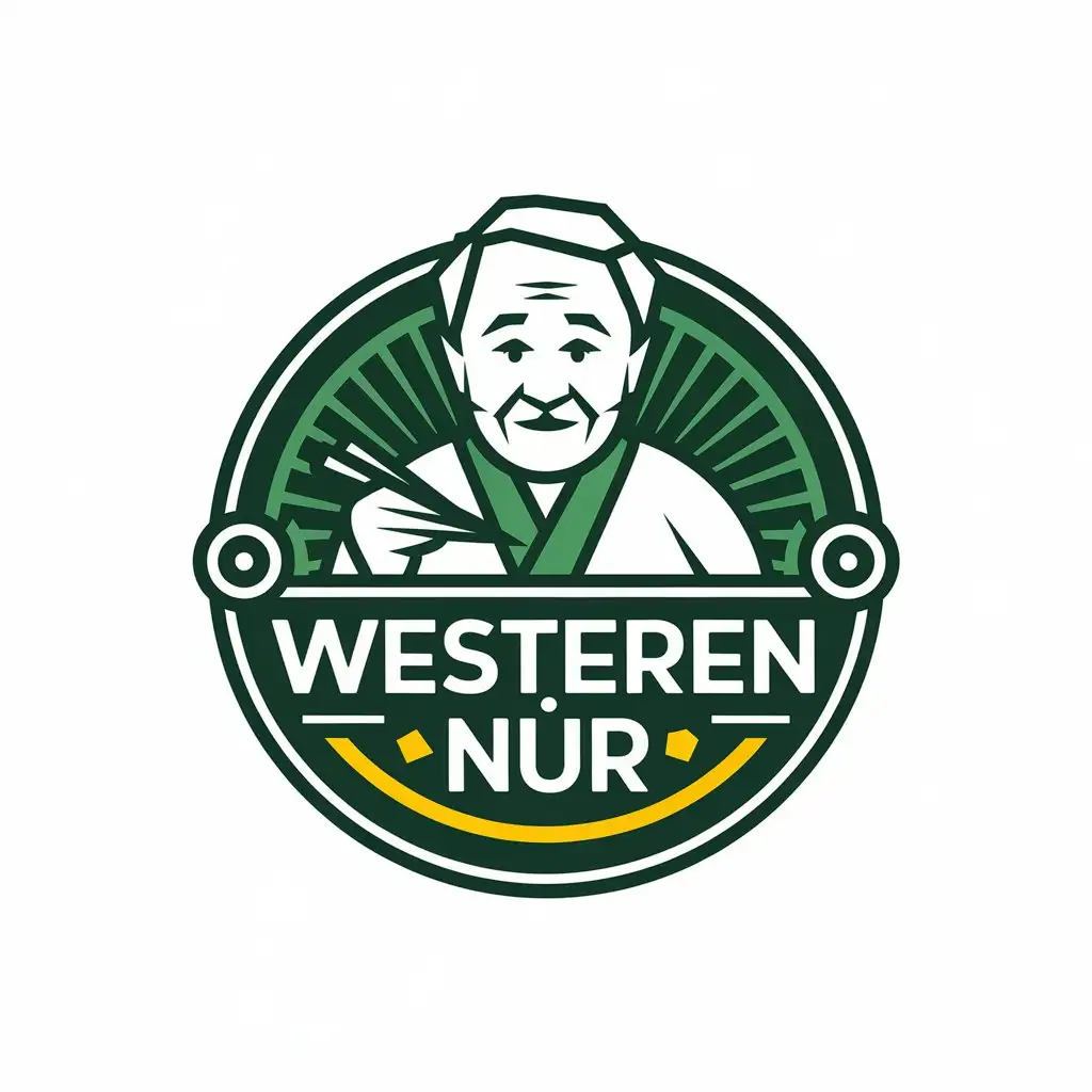 LOGO Design for WESTEREN NUR Circular with Elderly Man and Chopsticks Green Yellow Palette Minimal Style