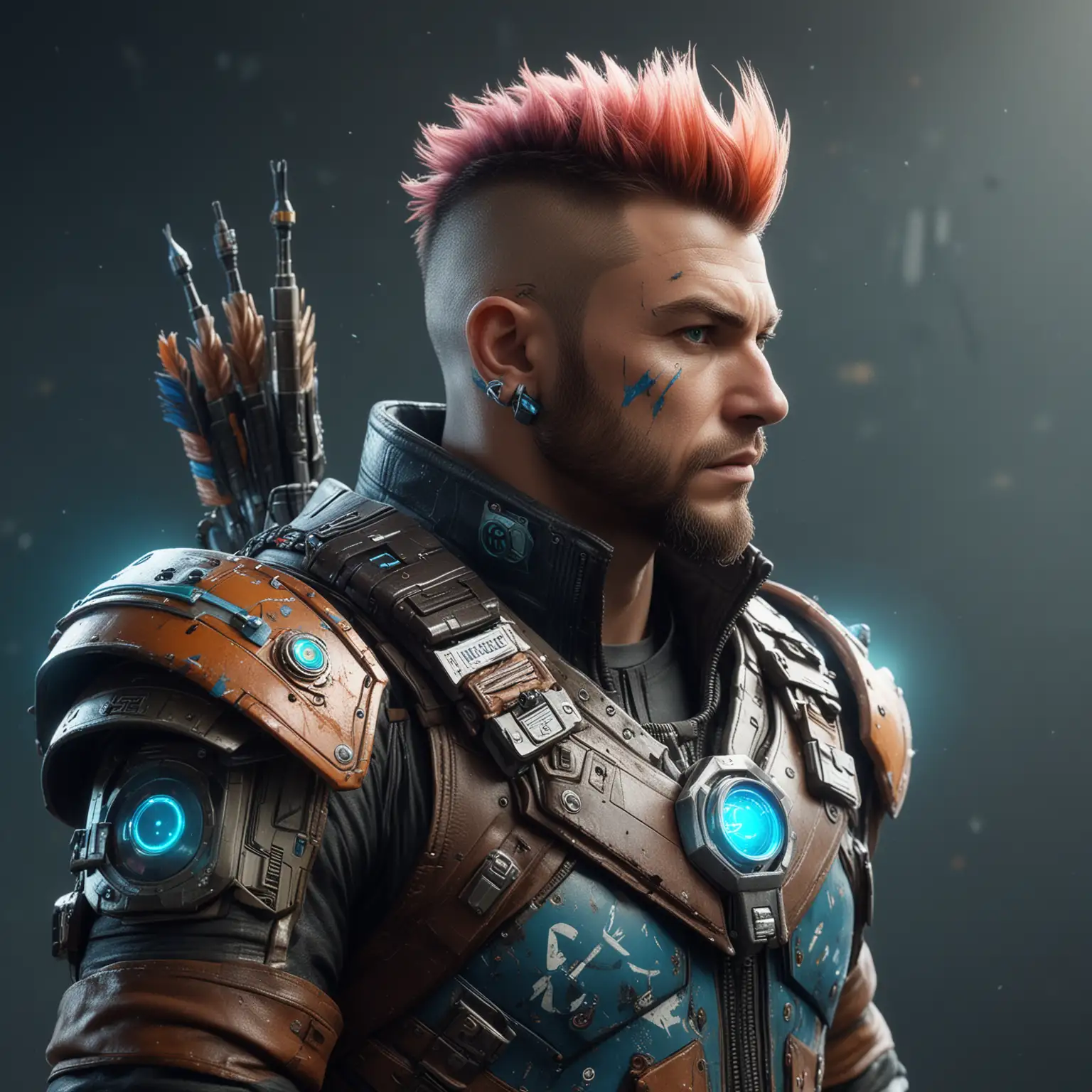 A weathered Ravager captain with a blue color cybernetic fin and a Yaka Arrow controller strapped to his wrist. He sports a neon mohawk, a leather jacket adorned with tech patches, and a holographic projection of his crew's logo on his chest. His eyes, weathered yet mischievous, hint at a lifetime of spacefaring adventures. Beautiful painting technology, science fiction, tech, metallic, 30mm, (analog, cinematic, film grain:1.3), Bokeh DOF, (Masterpiece:1.3) (best quality:1.15) (high quality:1.1)