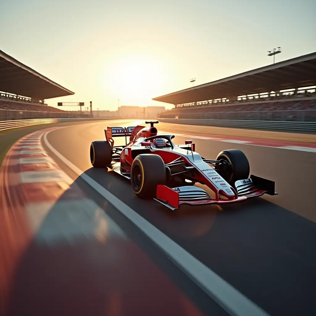 Red and White Formula One Car Racing on a Sunlit Track