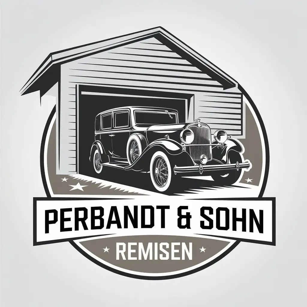 LOGO Design for Perbandt Sohn Remisen Vintage Car Driving Out of Garage Real Estate Industry Theme