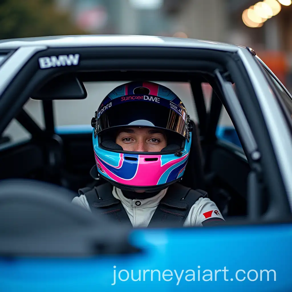 Helmeted-Driver-in-Blue-BMW-Racecar-with-Pink-Accents