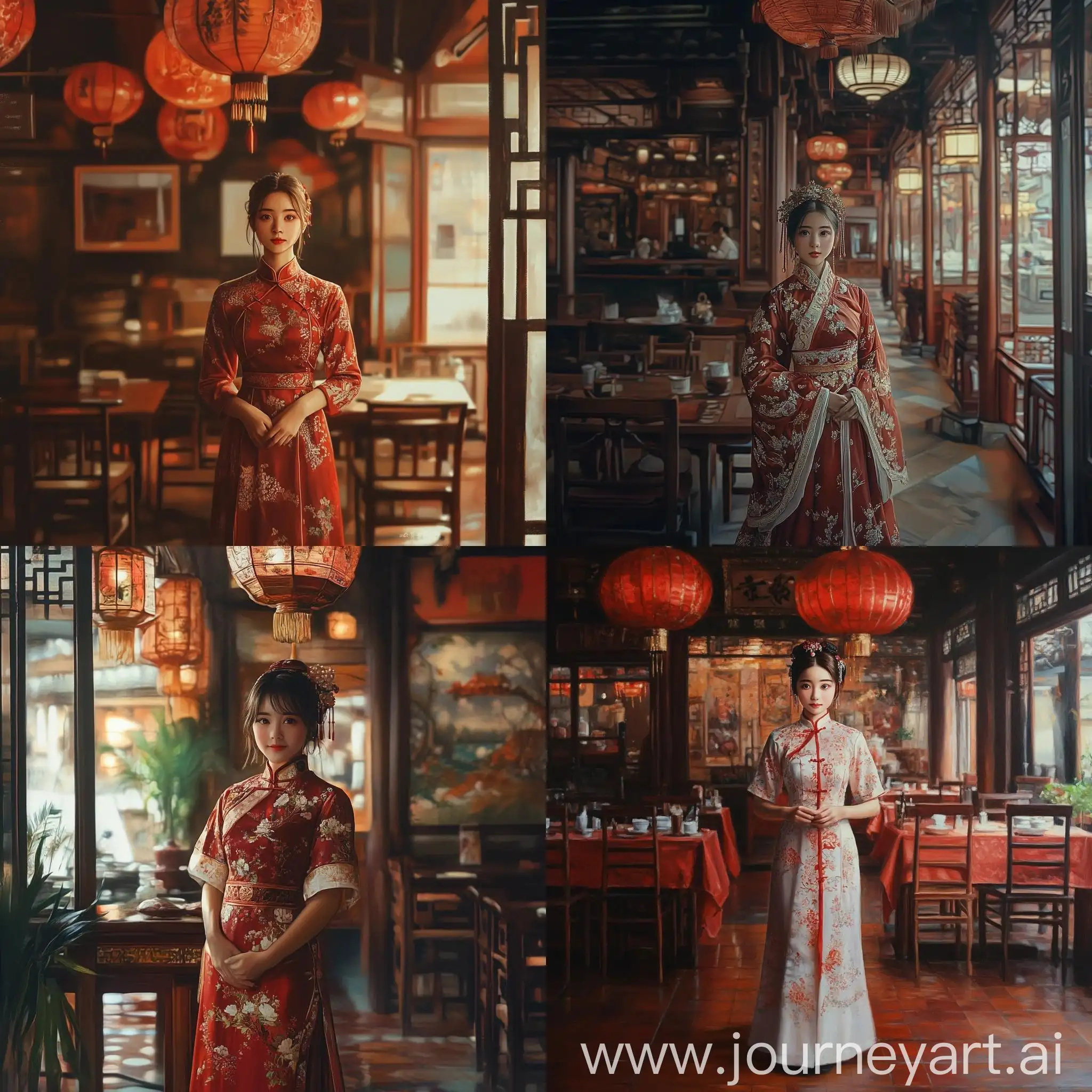 Traditional-Chinese-Attire-Girl-in-RedBrown-Toned-Restaurant-Interior