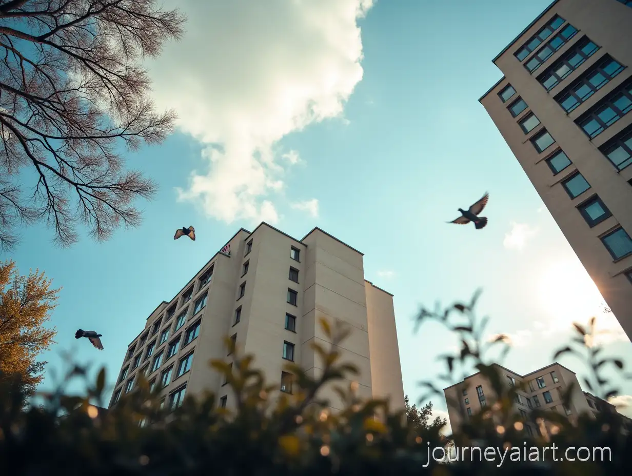 Urban-Skyline-with-SunUrban-skyline-with-pigeonslit-Reflections-and-Passing-Pigeons