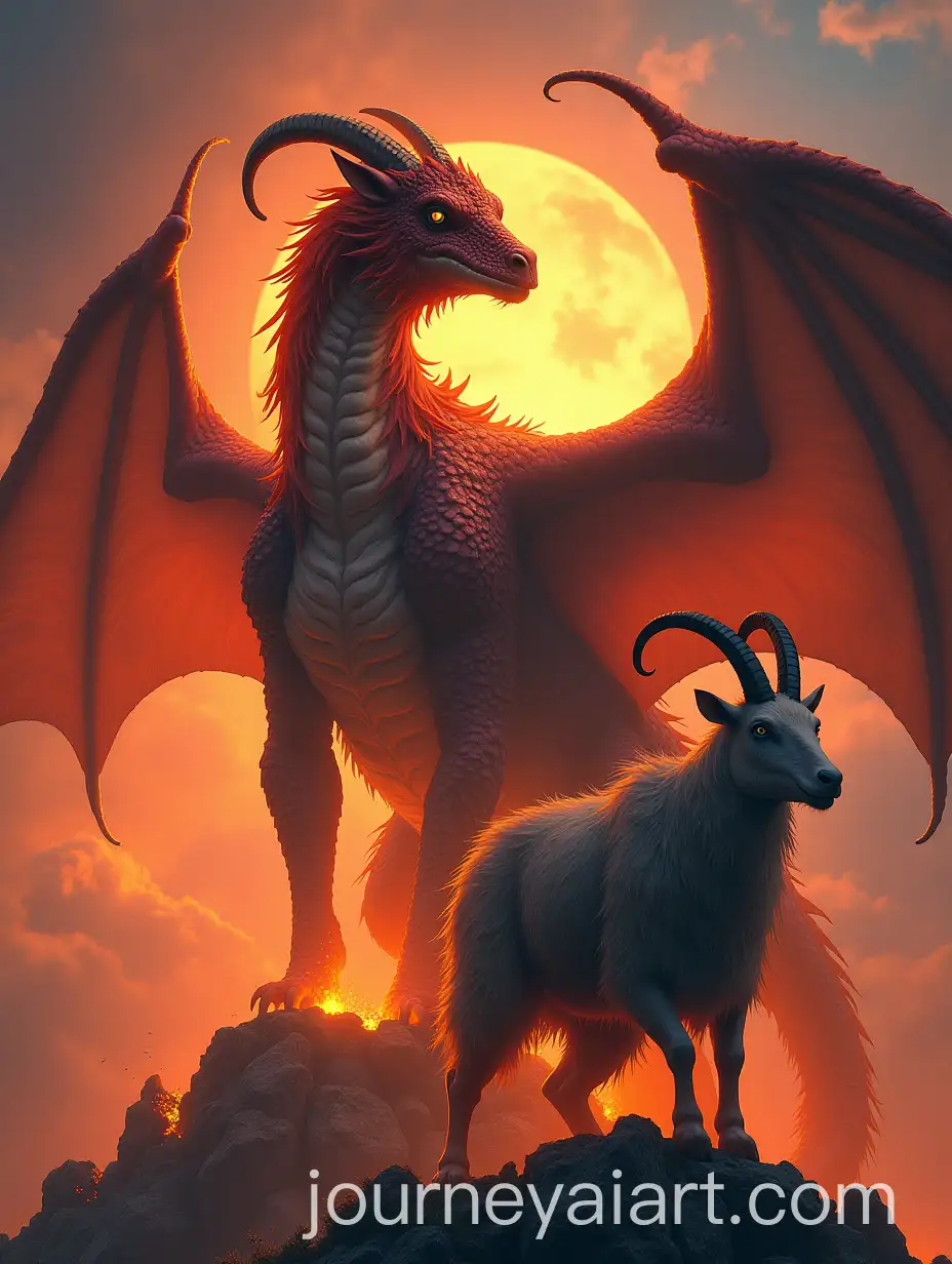 Volcanic-Dragon-Encountering-a-Majestic-Goat-Titan-in-a-Fiery-Landscape