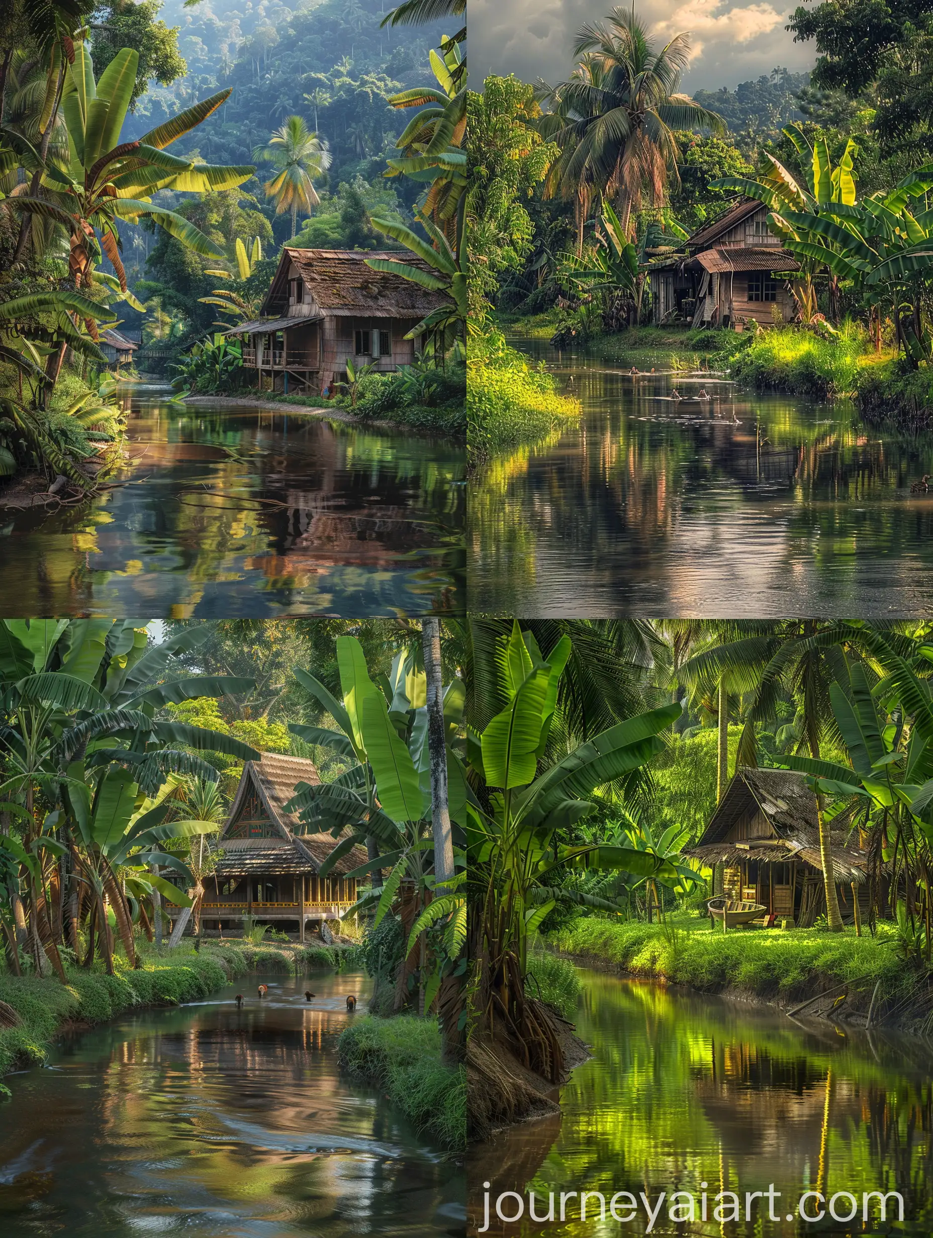 Hyperrealistic-Photograph-of-an-Old-Thai-Village-with-Banana-Trees-and-Thatched-Roof-House