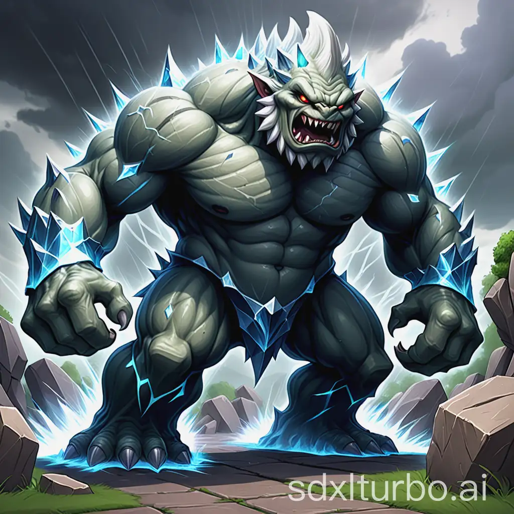 Gargor (Storm Barrier) • Type: Giant stone monster with sharp crystalline outgrowths. • Features: Great strength, can create protective barriers of stones, slow.