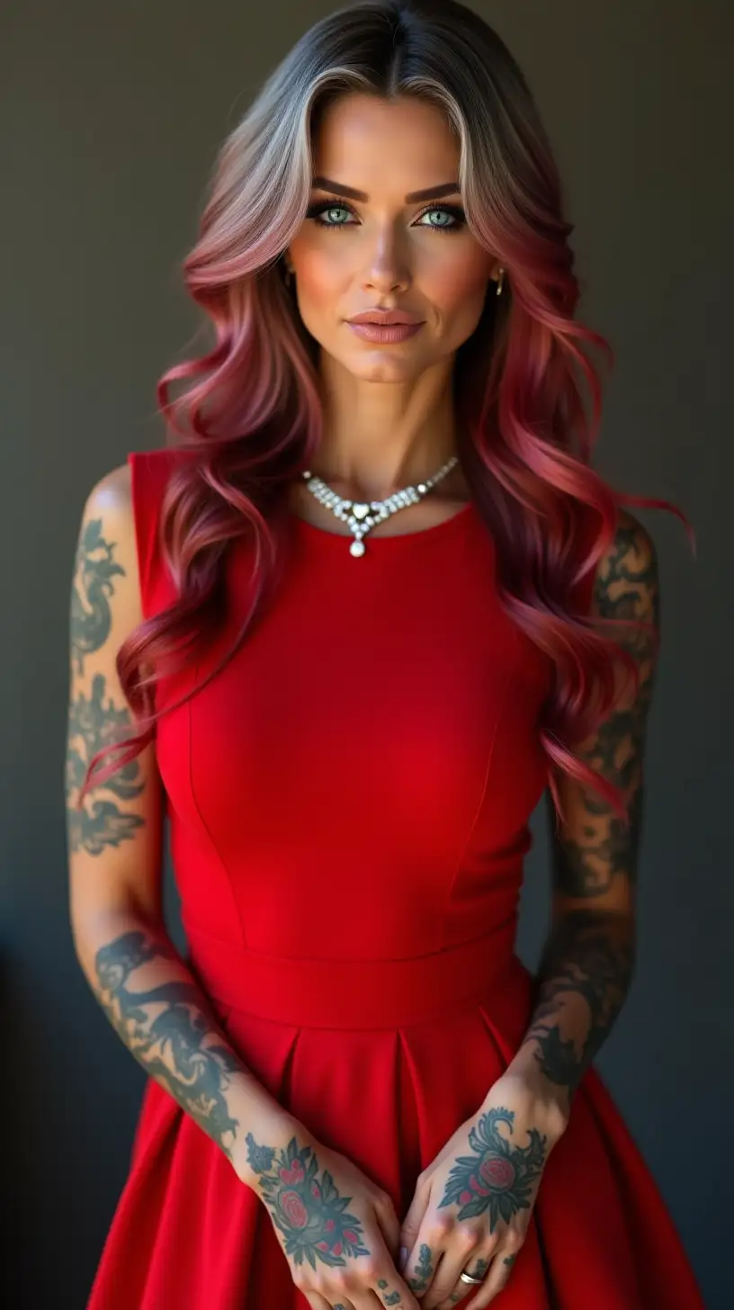 Stunning 37YearOld Woman in Candy Apple Red Dress with Colorful Tattoos