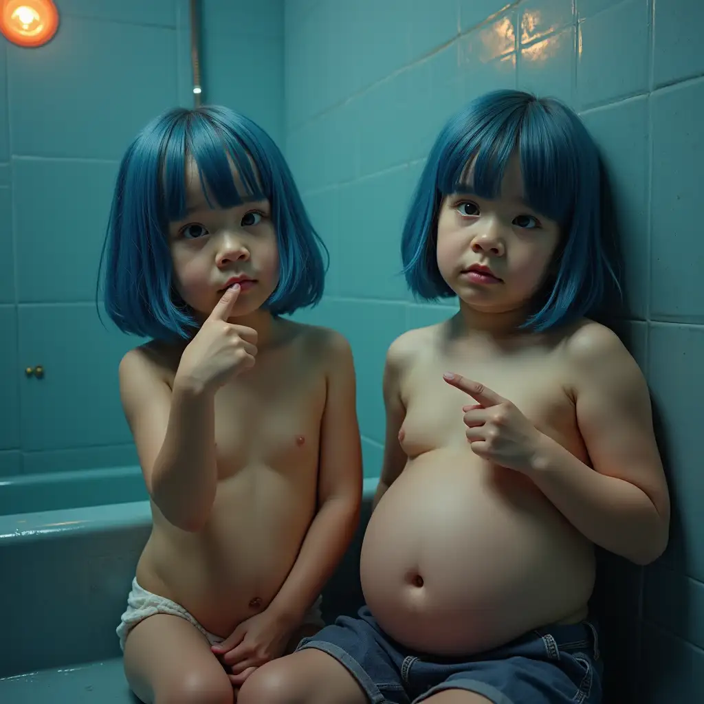 Two-Confused-Girls-Pointing-at-Pregnant-Belly-by-Wet-School-Bath