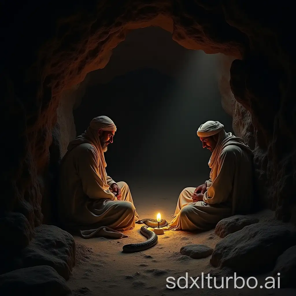 Two-Arab-Men-Sleeping-and-Sitting-in-Cave-with-Dim-Light-and-Snake-Nearby