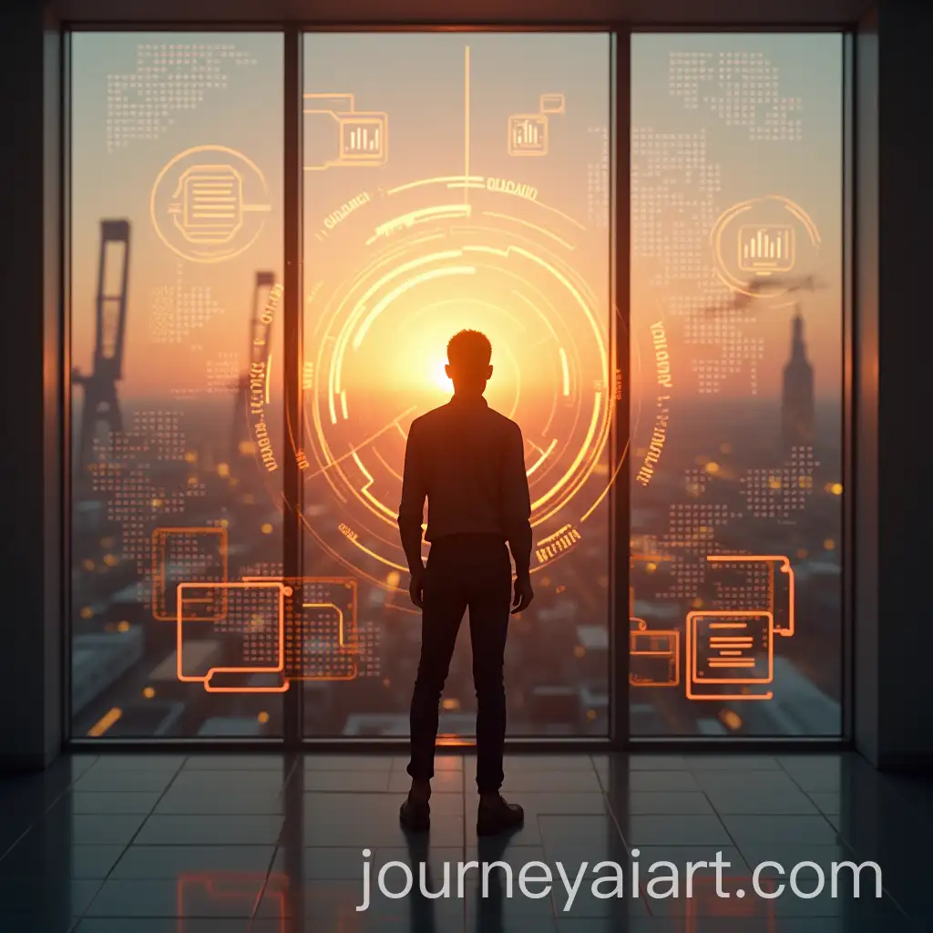African-Person-Contemplating-Futuristic-Cityscape-at-Sunset-with-Digital-Holograms