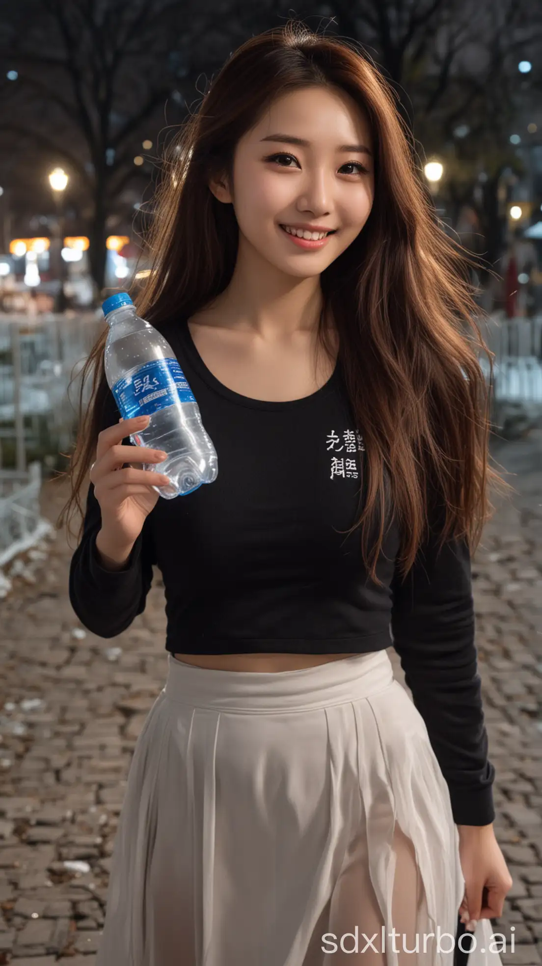 Chinese-Woman-with-Sweet-Smile-in-Winter-Night-Park-Holding-Mineral-Water