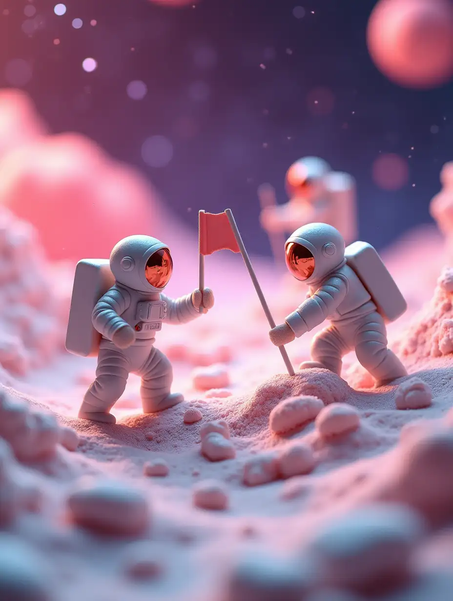 A cinematic macro shot of a miniature scene of Mars, but the terrains are made of fluffy marshmallow, where tiny astronauts in detailed space suits are harvesting gooey marshmallow fibers with futuristic laser tools. Some astronauts are floating in zero gravity, carefully slicing away soft, pillowy layers, while others are packing the marshmallow chunks into miniature spacecraft for transport. One astronaut is planting a tiny flag into the marshmallow’s surface, while another is analyzing its sugary composition with a high-tech scanner. The scene is set in deep space, with a backdrop of glowing pink and purple nebulae and twinkling stars creating an otherworldly atmosphere. Puffs of marshmallow dust float weightlessly, illuminated by soft cosmic light. The contrast between the high-tech spacesuits and the whimsical, edible terrain adds a surreal and playful touch. Shot in 8K Ultra-HD, with cinematic depth of field, volumetric lighting, and ultra-sharp details, capturing the perfect textures of the marshmallow surface and the intricate details of the tiny astronauts' gear. Dynamic, close up.