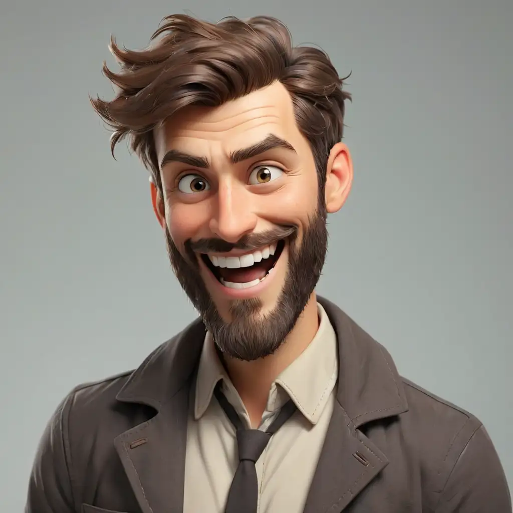 an animated handsome man with a beard shows a funny grin full length