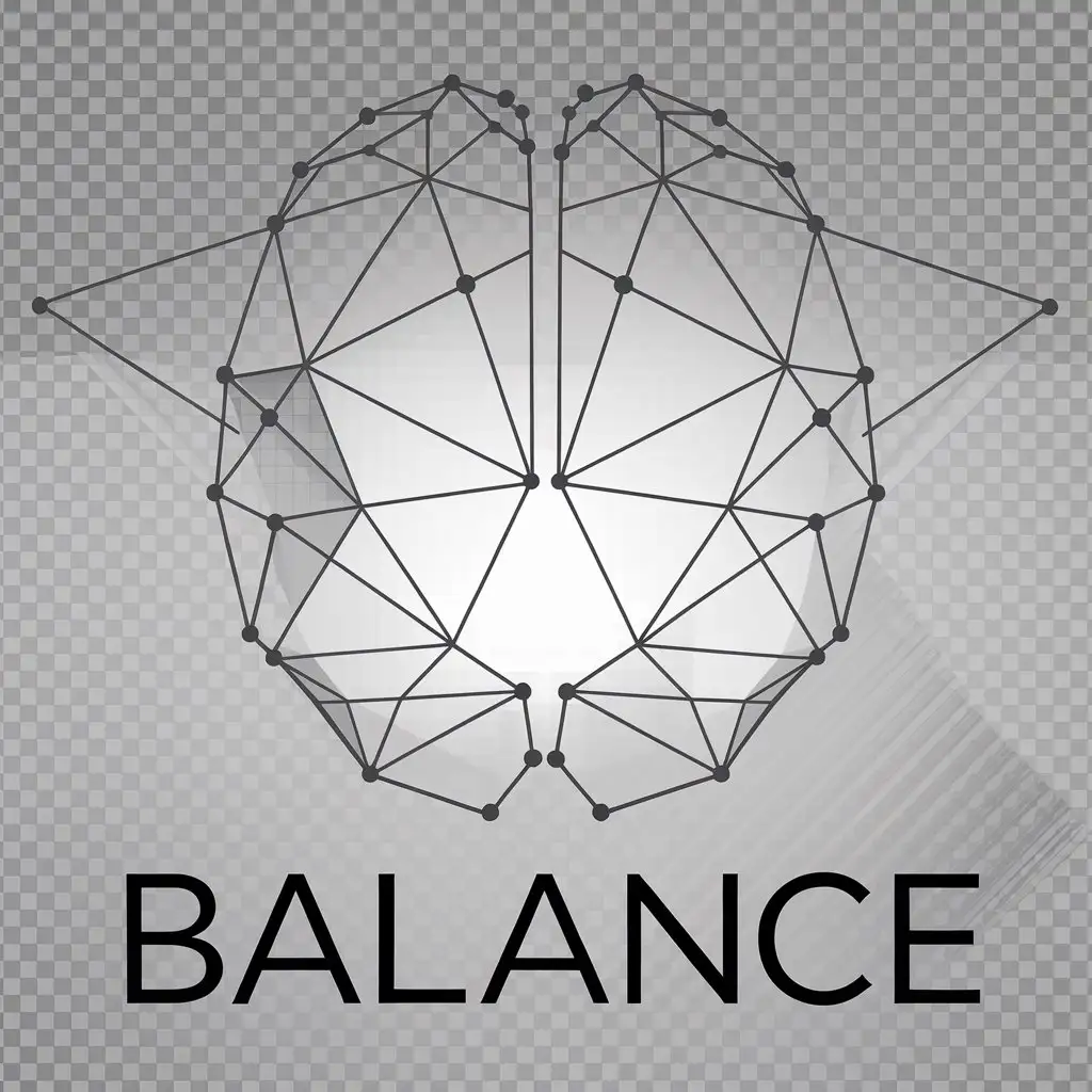 a vector logo design,with the text "BALANCE", main symbol:Generate a minimalistic geometric brain symbol viewed from the front. The brain is composed of interconnected straight grey lines forming polygonal shapes that outline the structure of the brain. In the center of the brain, place an inverted white triangle (with the tip pointing downward). The overall brain structure should be symmetrical, with the straight lines extending from the triangle and connecting at various nodes to form the rest of the brain shape. The style is modern and clean, with no shading or additional textures. The background is transparent, focusing only on the grey lines and the inverted white triangle.,Moderate,be used in Sports Fitness industry,clear background